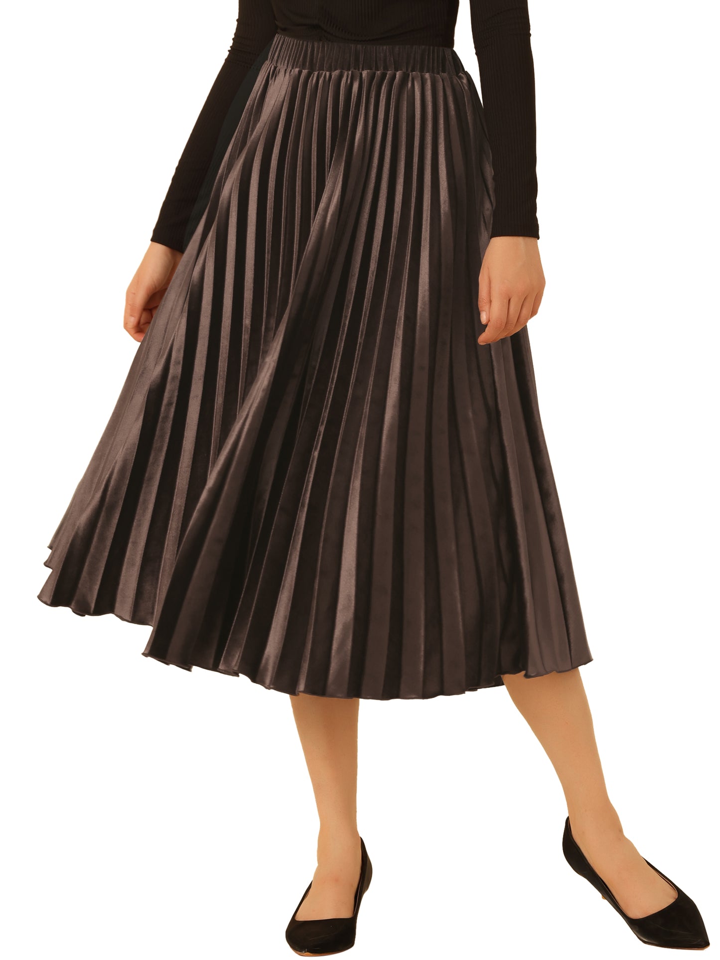 Women's Fall Winter Elastic High Waist Flowy Swing Holiday Velvet Pleated Midi Skirt