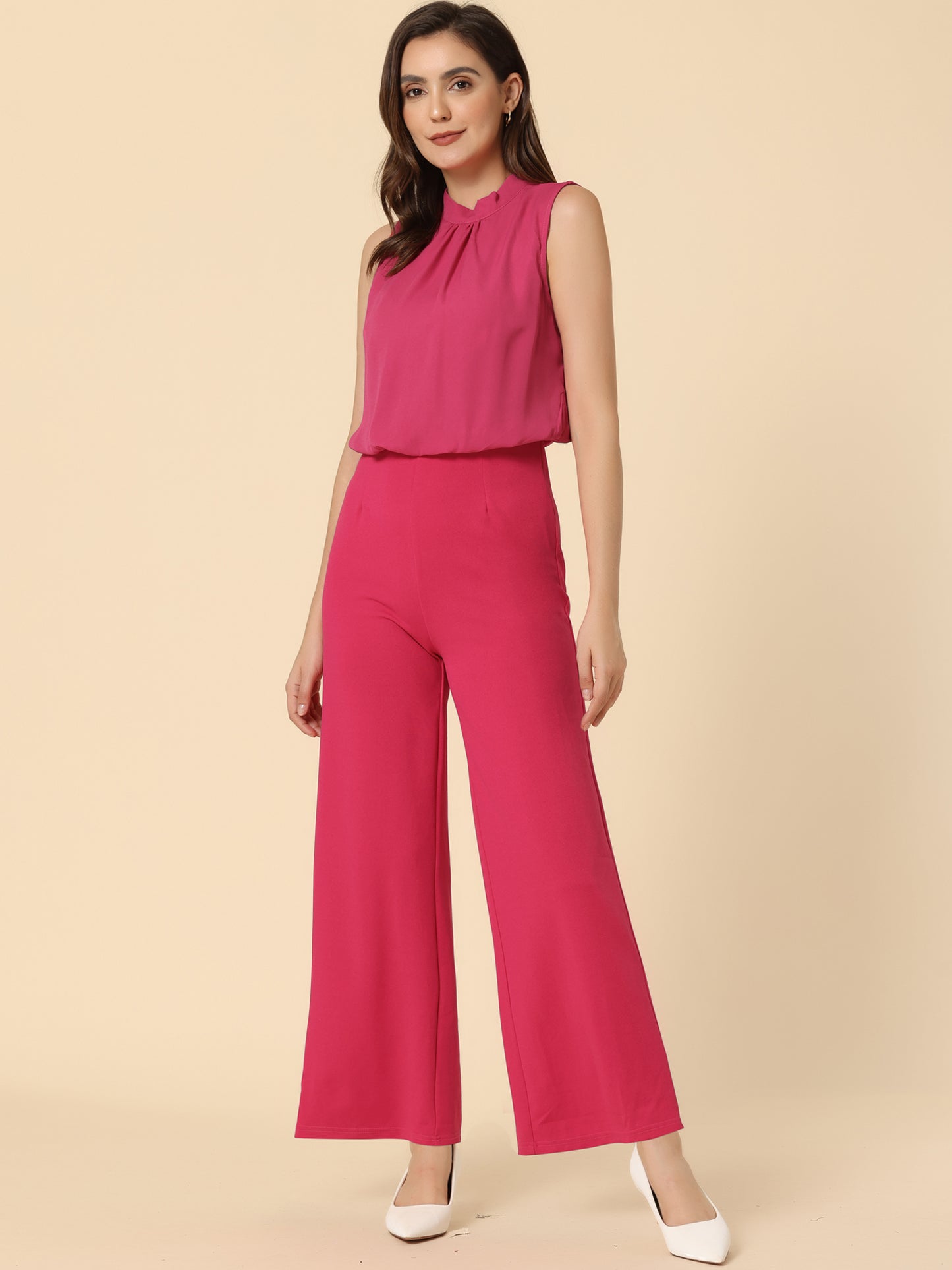 Women's Business Casual Work Sleeveless Jumpsuit High Waist Wide Flare Leg Romper