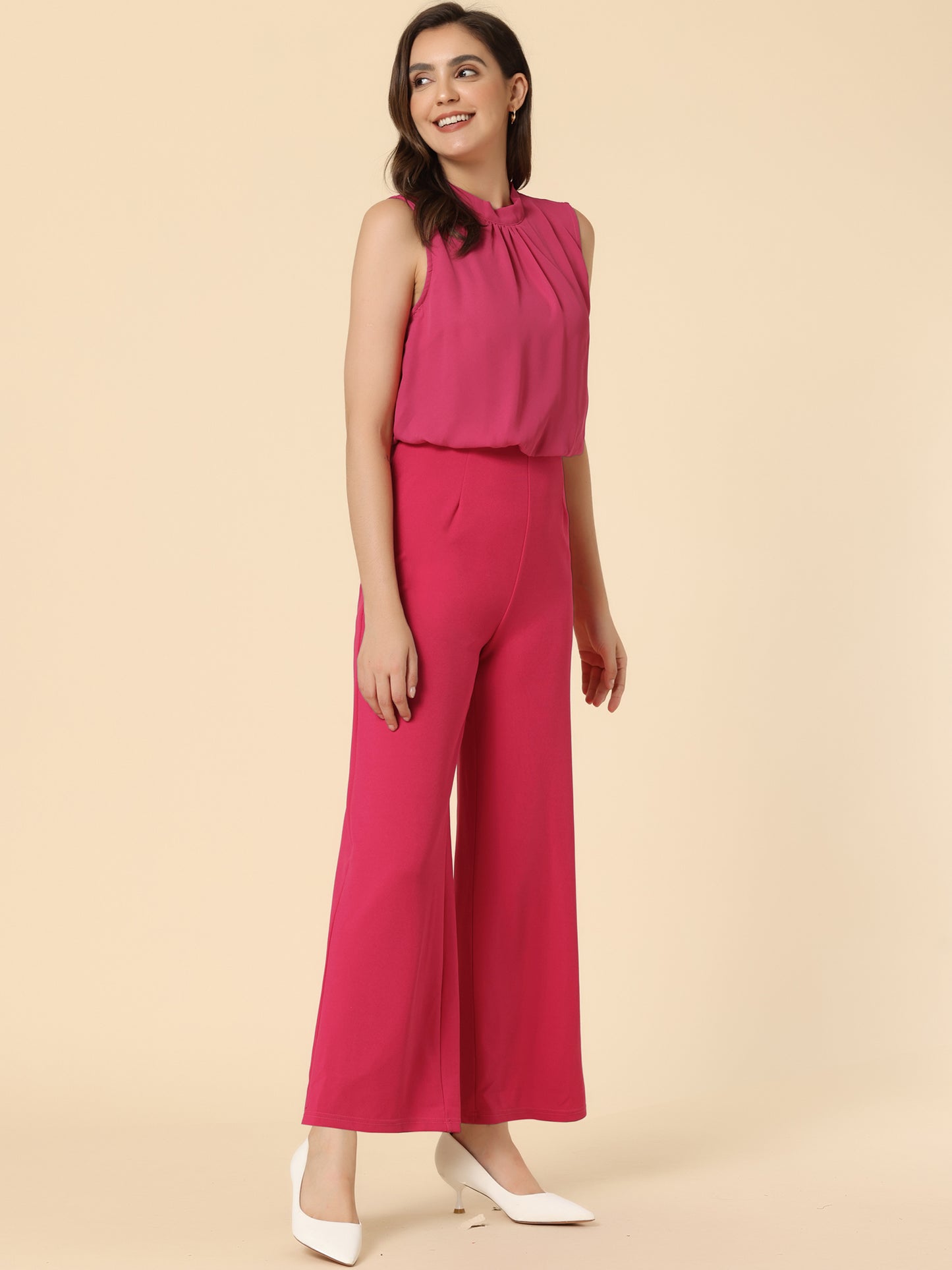 Women's Business Casual Work Sleeveless Jumpsuit High Waist Wide Flare Leg Romper