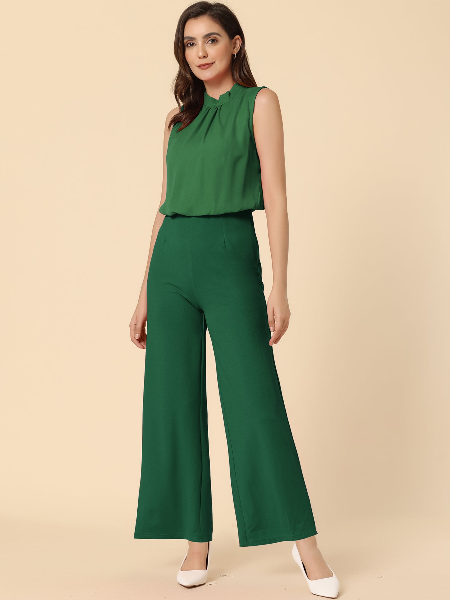 Women's Business Casual Work Sleeveless Jumpsuit High Waist Wide Flare Leg Romper