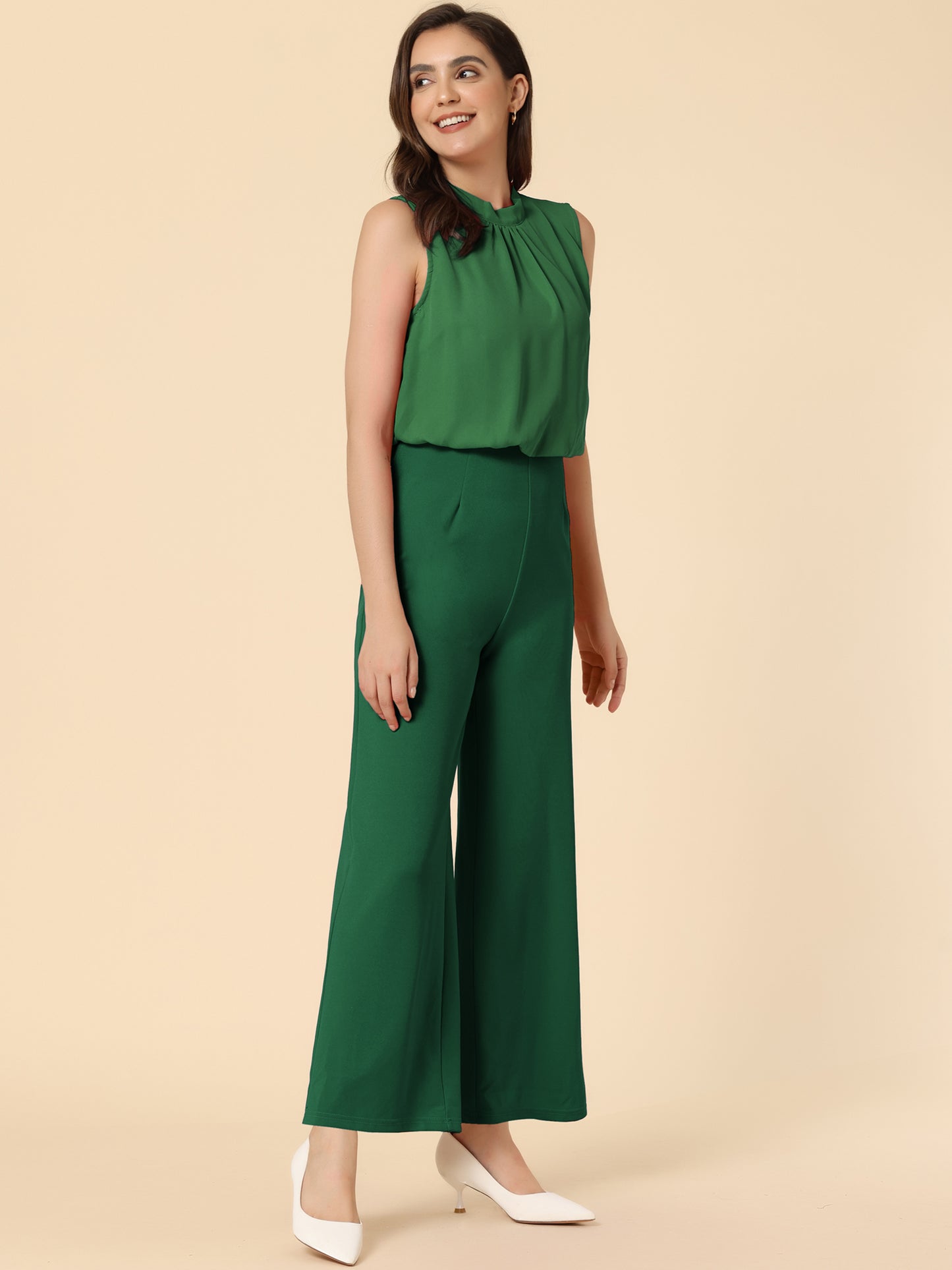 Women's Business Casual Work Sleeveless Jumpsuit High Waist Wide Flare Leg Romper