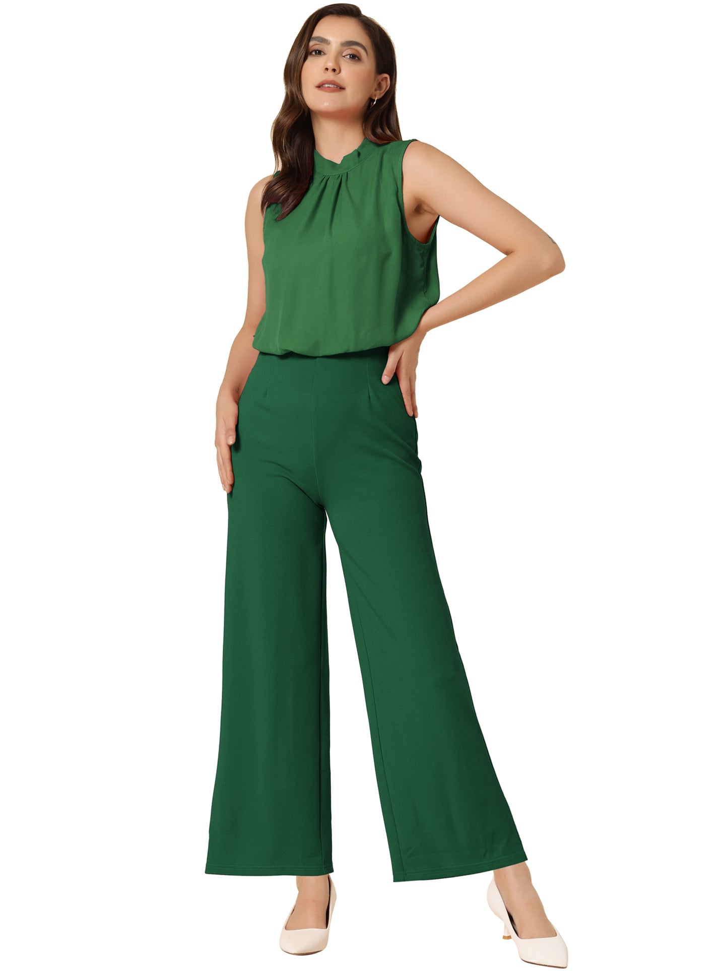 Women's Business Casual Work Sleeveless Jumpsuit High Waist Wide Flare Leg Romper