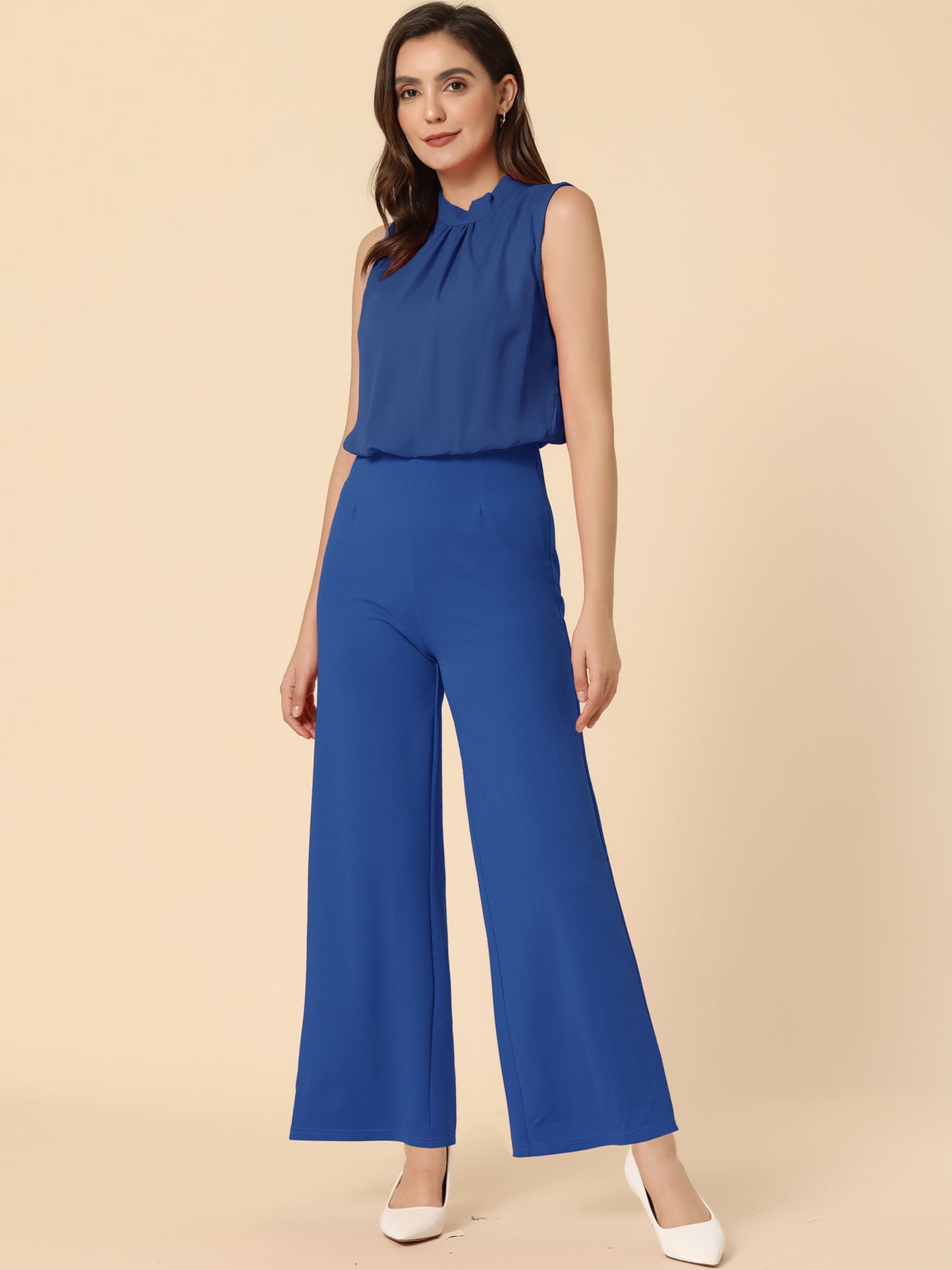 Women's Business Casual Work Sleeveless Jumpsuit High Waist Wide Flare Leg Romper