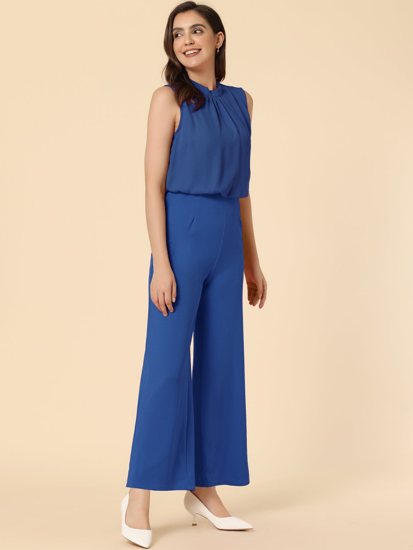Women's Business Casual Work Sleeveless Jumpsuit High Waist Wide Flare Leg Romper