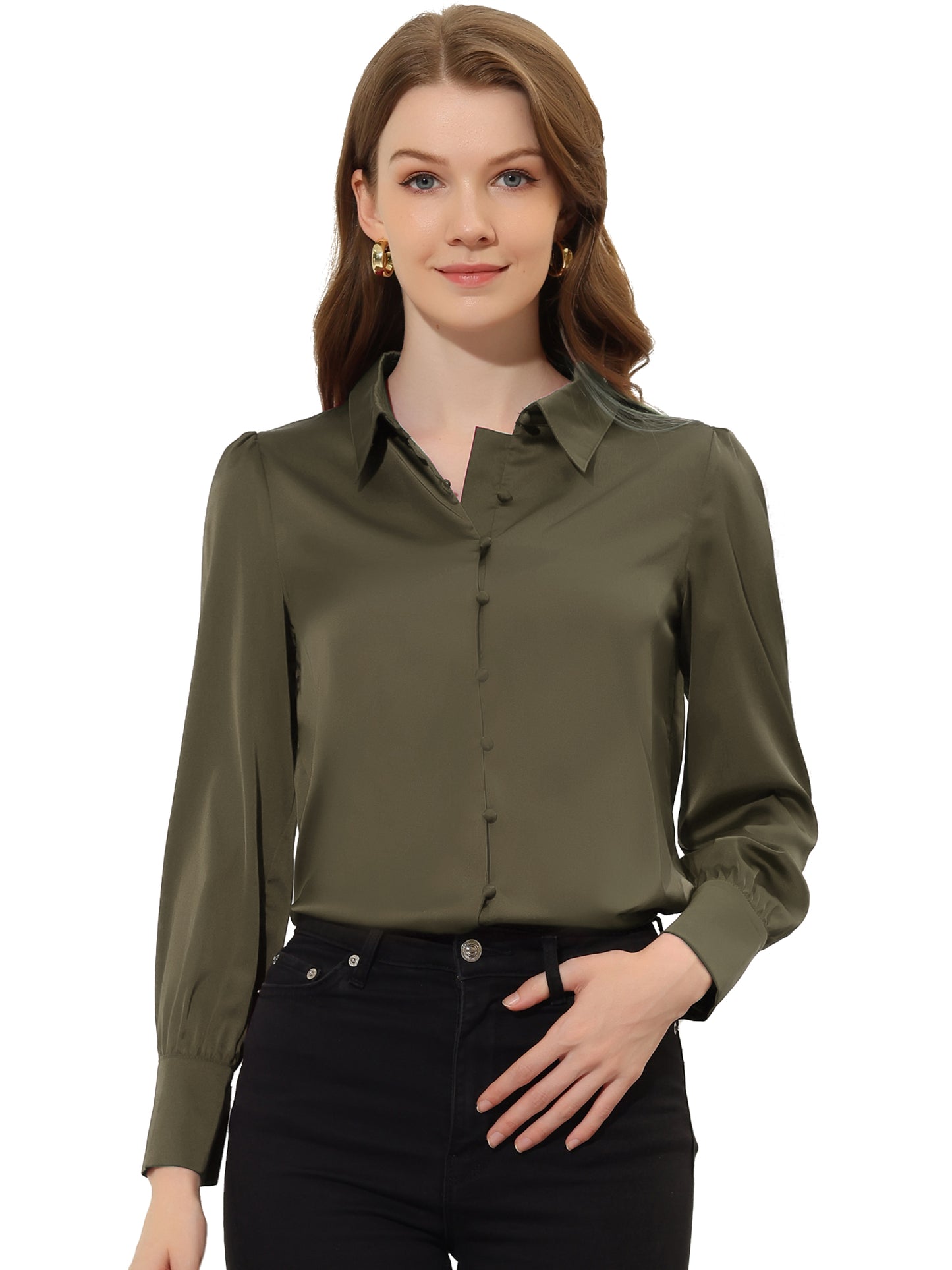 Women's Satin Puff Sleeve Collared Work Office Dressy Button Up Shirt, Deep Colors