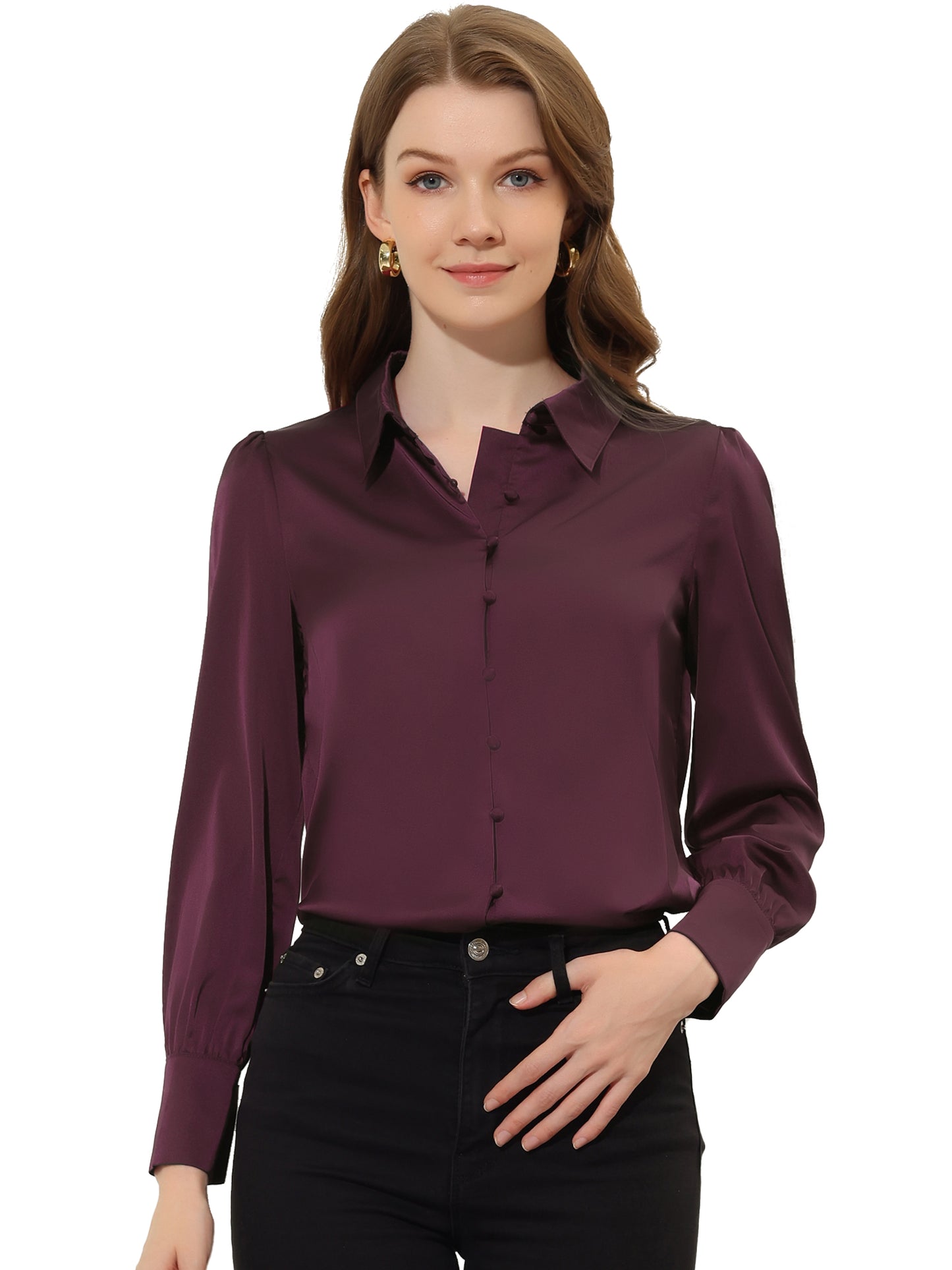 Women's Satin Puff Sleeve Collared Work Office Dressy Button Up Shirt, Deep Colors