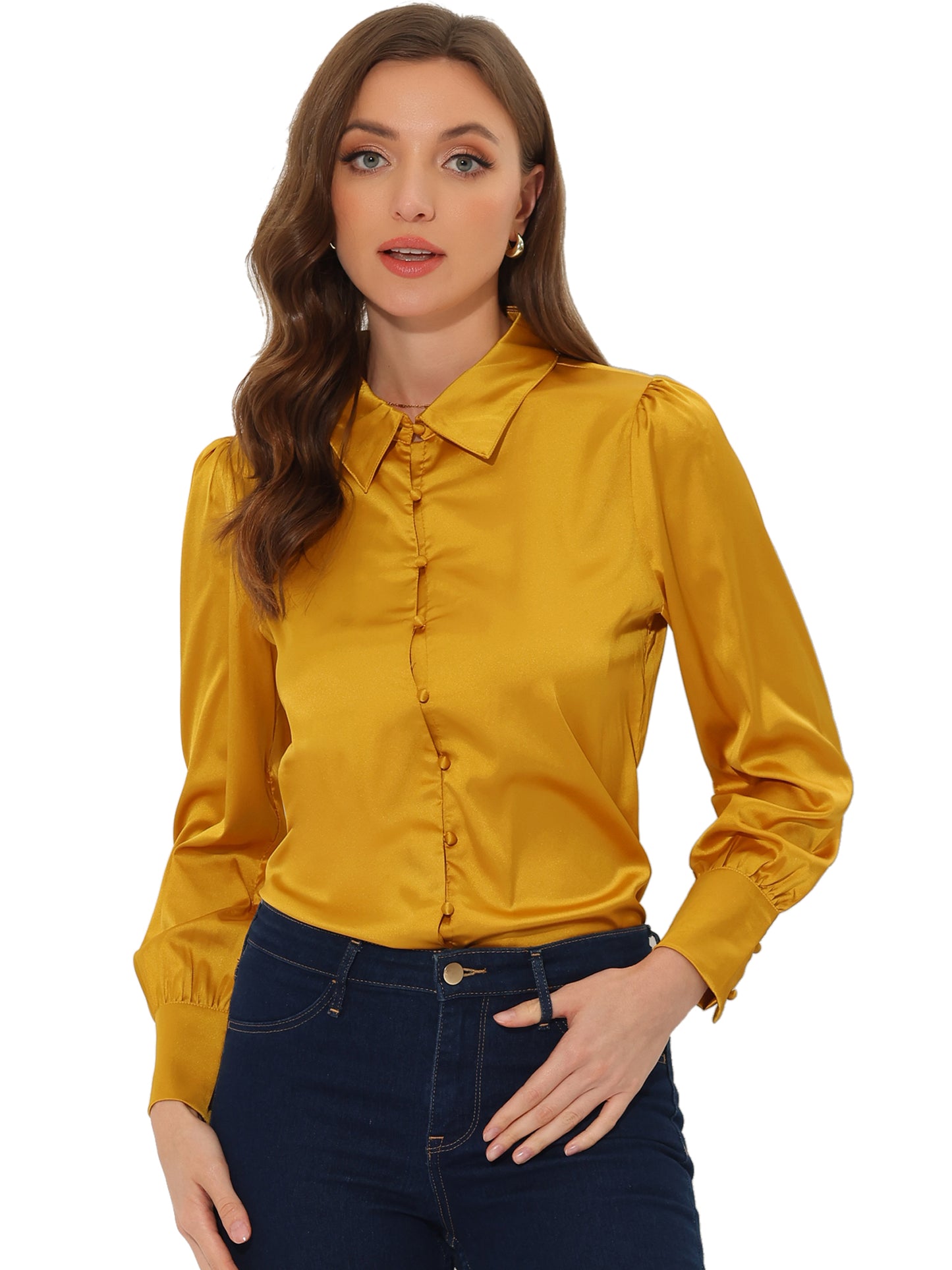 Women's Satin Puff Sleeve Collared Work Office Dressy Button Up Shirt, Light Colors