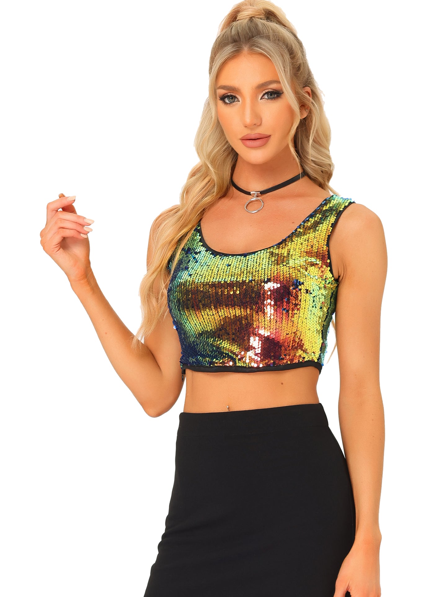 Women's Metallic Sequin Crop Top Sparkle Glitter Sleeveless Party Club Tank Top