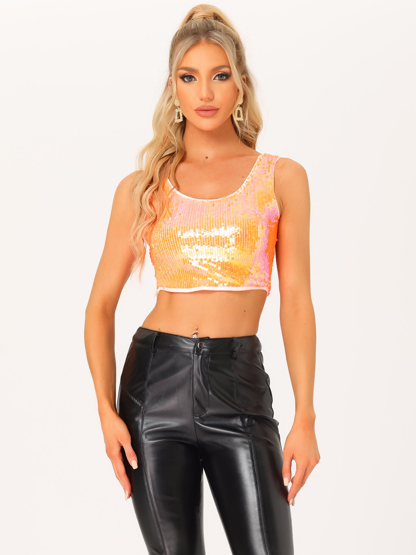 Women's Metallic Sequin Crop Top Sparkle Glitter Sleeveless Party Club Tank Top