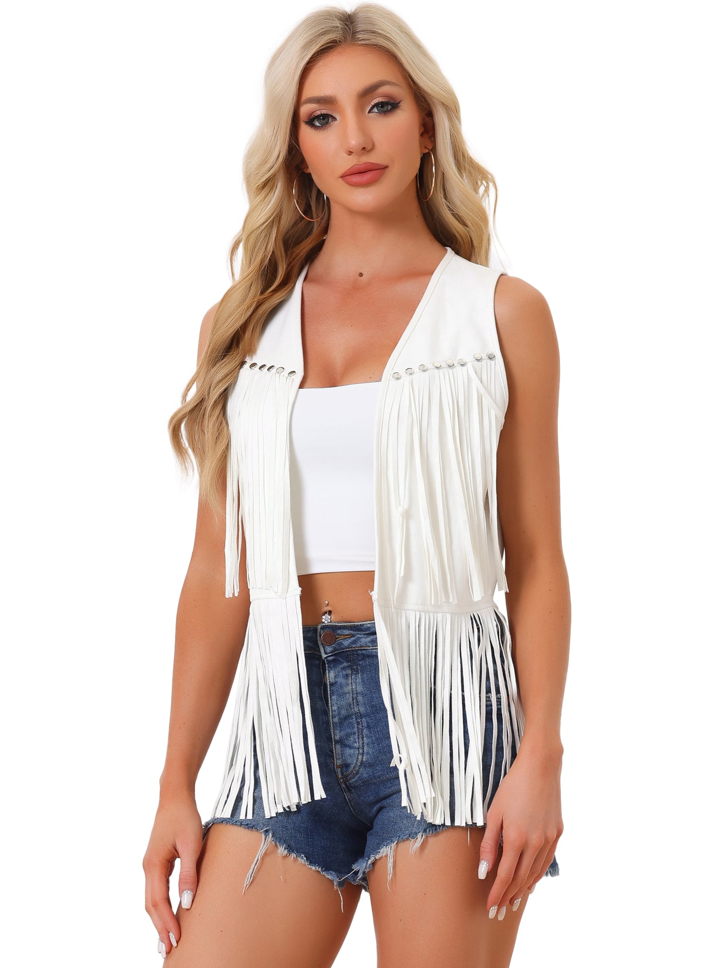 Women's Open Front Vintage Faux Suede Tassel Fringe Vest