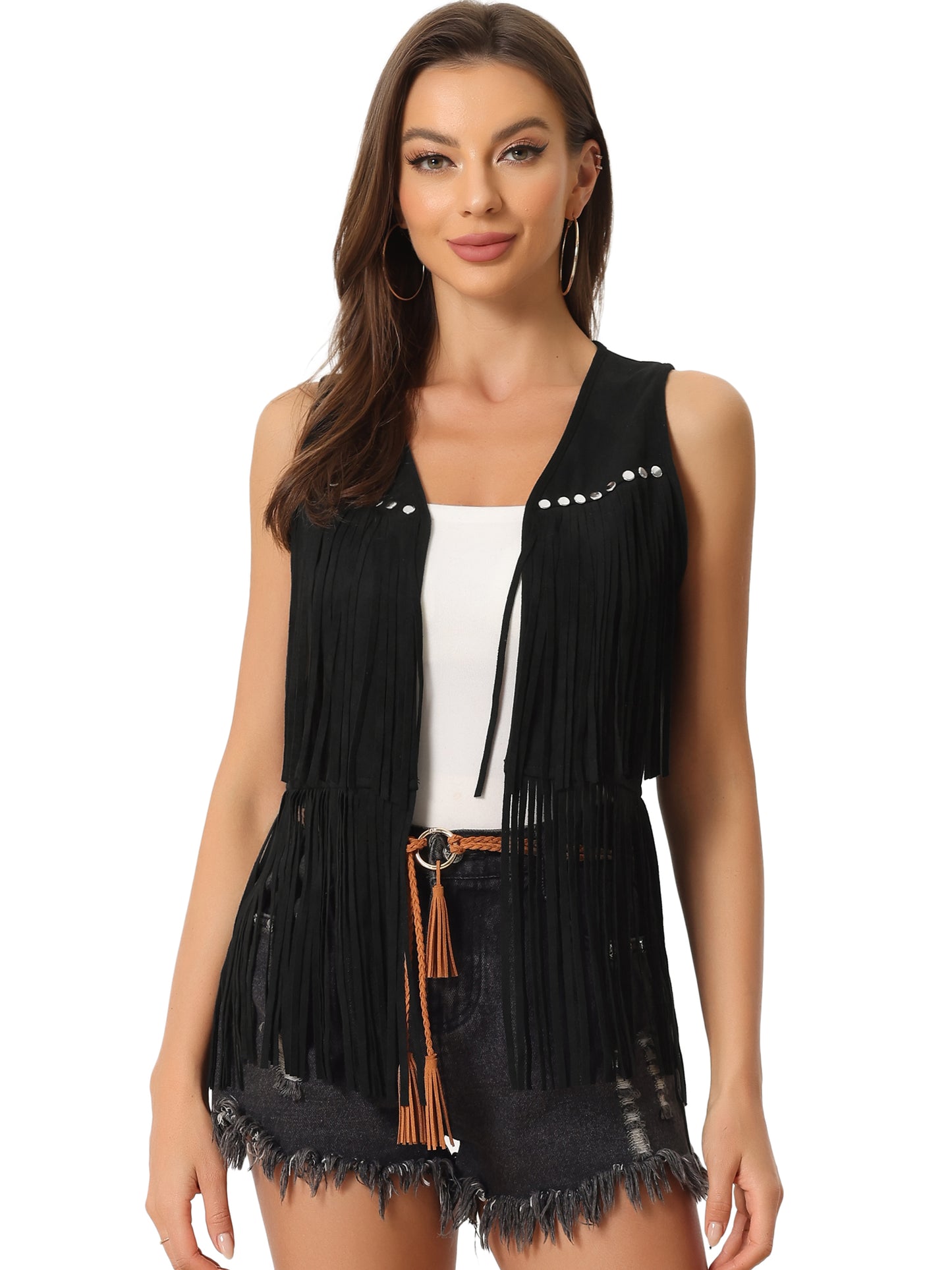Women's Open Front Vintage Faux Suede Tassel Fringe Vest