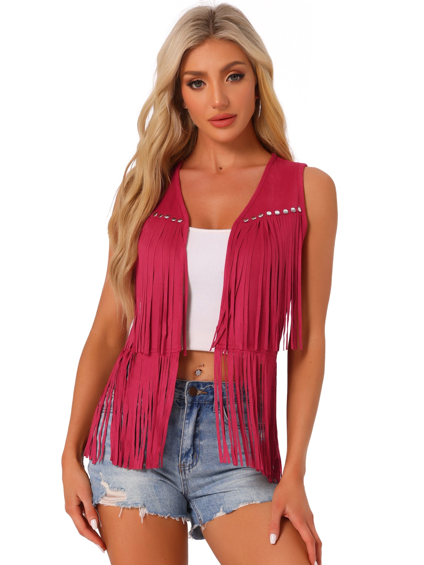 Women's Open Front Vintage Faux Suede Tassel Fringe Vest