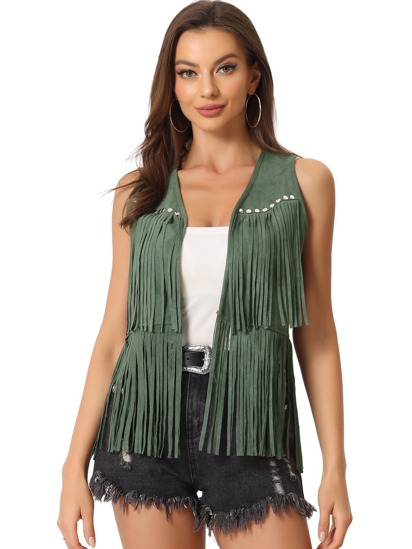 Women's Open Front Vintage Faux Suede Tassel Fringe Vest