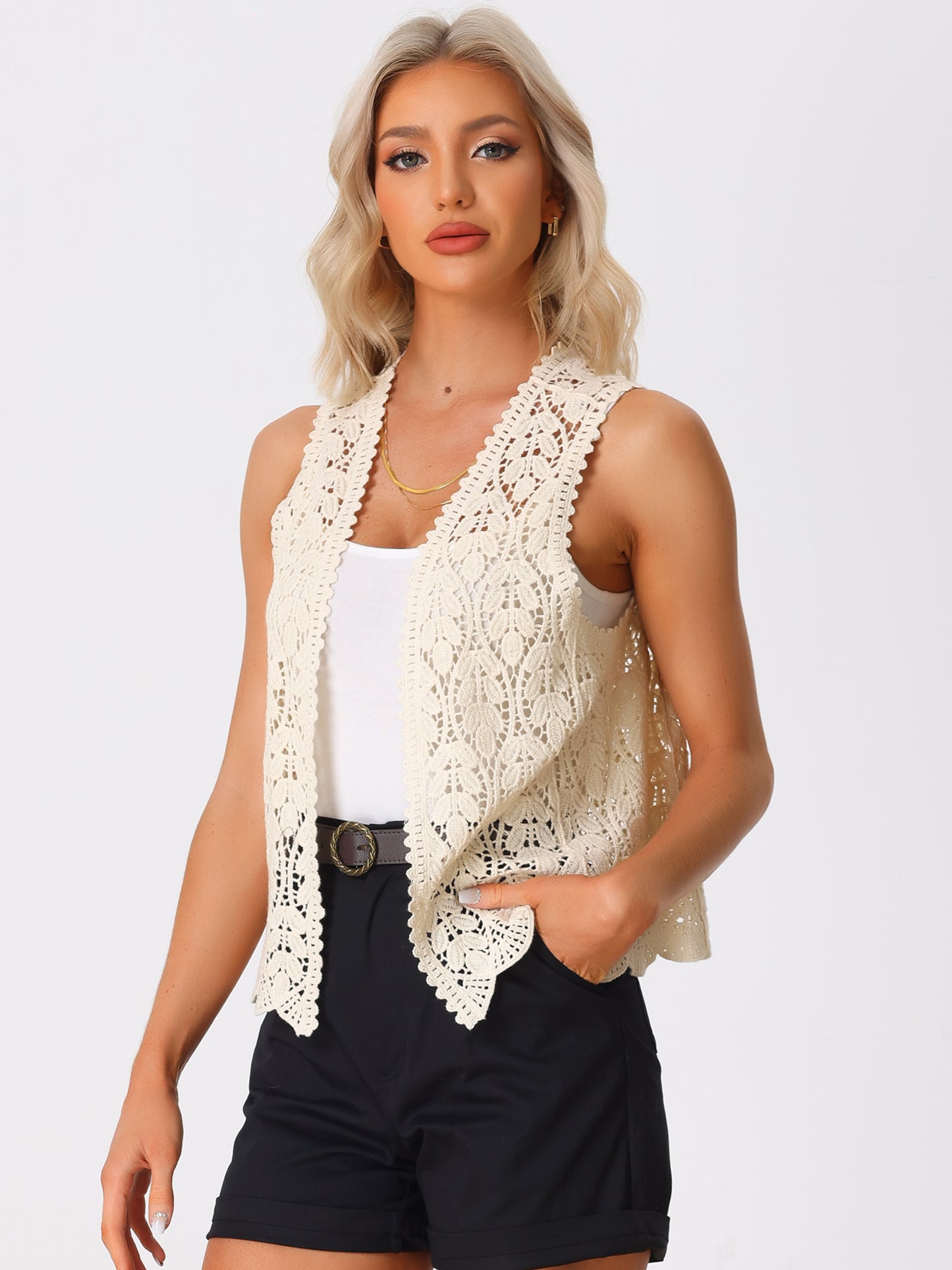 Women's Floral Crochet Hollow Out Sleeveless Open Front Boho Vest Cardigan