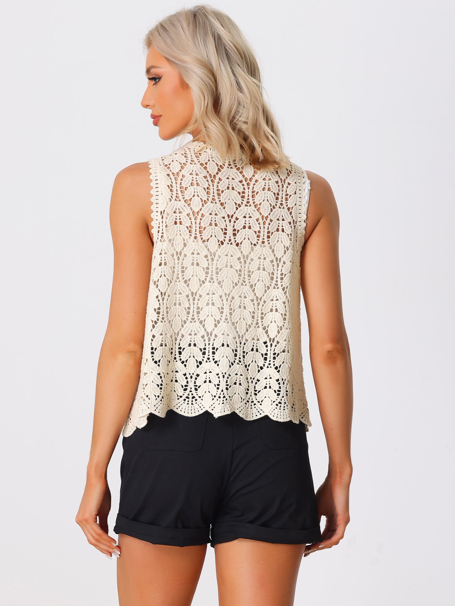 Women's Floral Crochet Hollow Out Sleeveless Open Front Boho Vest Cardigan