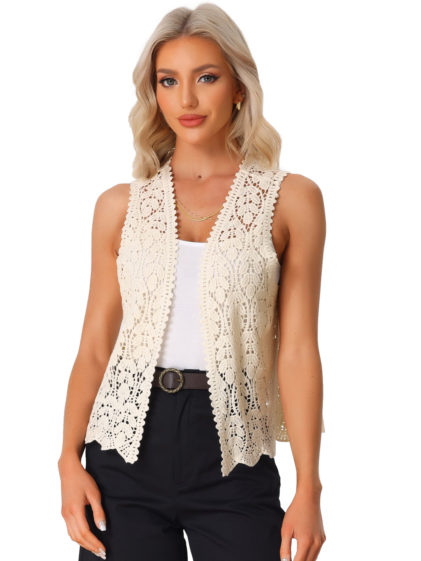 Women's Floral Crochet Hollow Out Sleeveless Open Front Boho Vest Cardigan