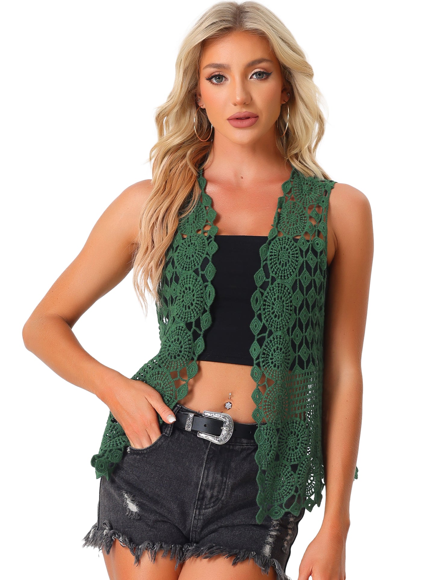 Women's Vest Cardigan Open Front Sleeveless Hollow Out Crochet Shrugs