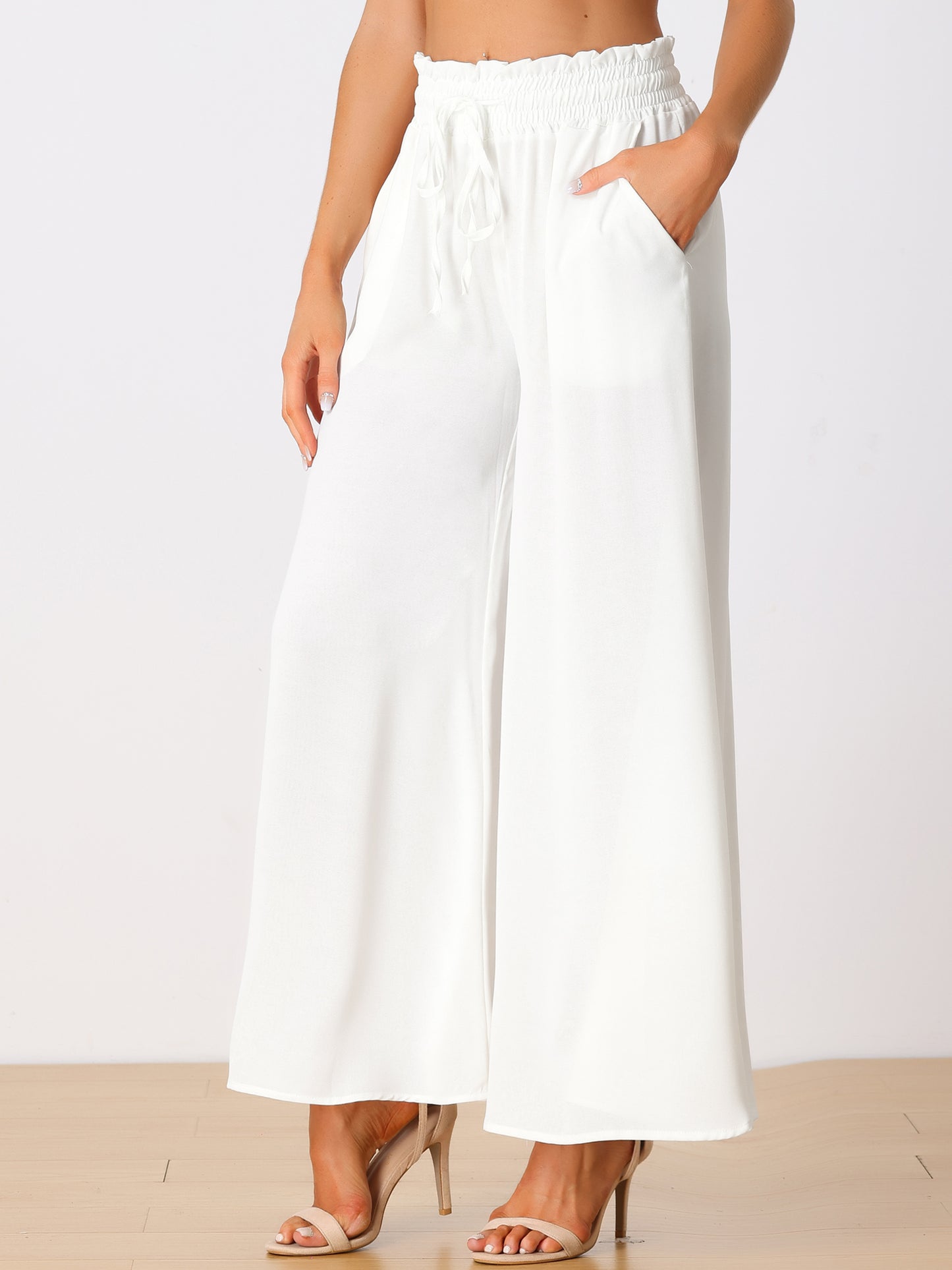 Women's Casual Elastic Banding Waist Long Pants with Pockets Loose Fit Wide Leg Linen Daily Lounge Pants