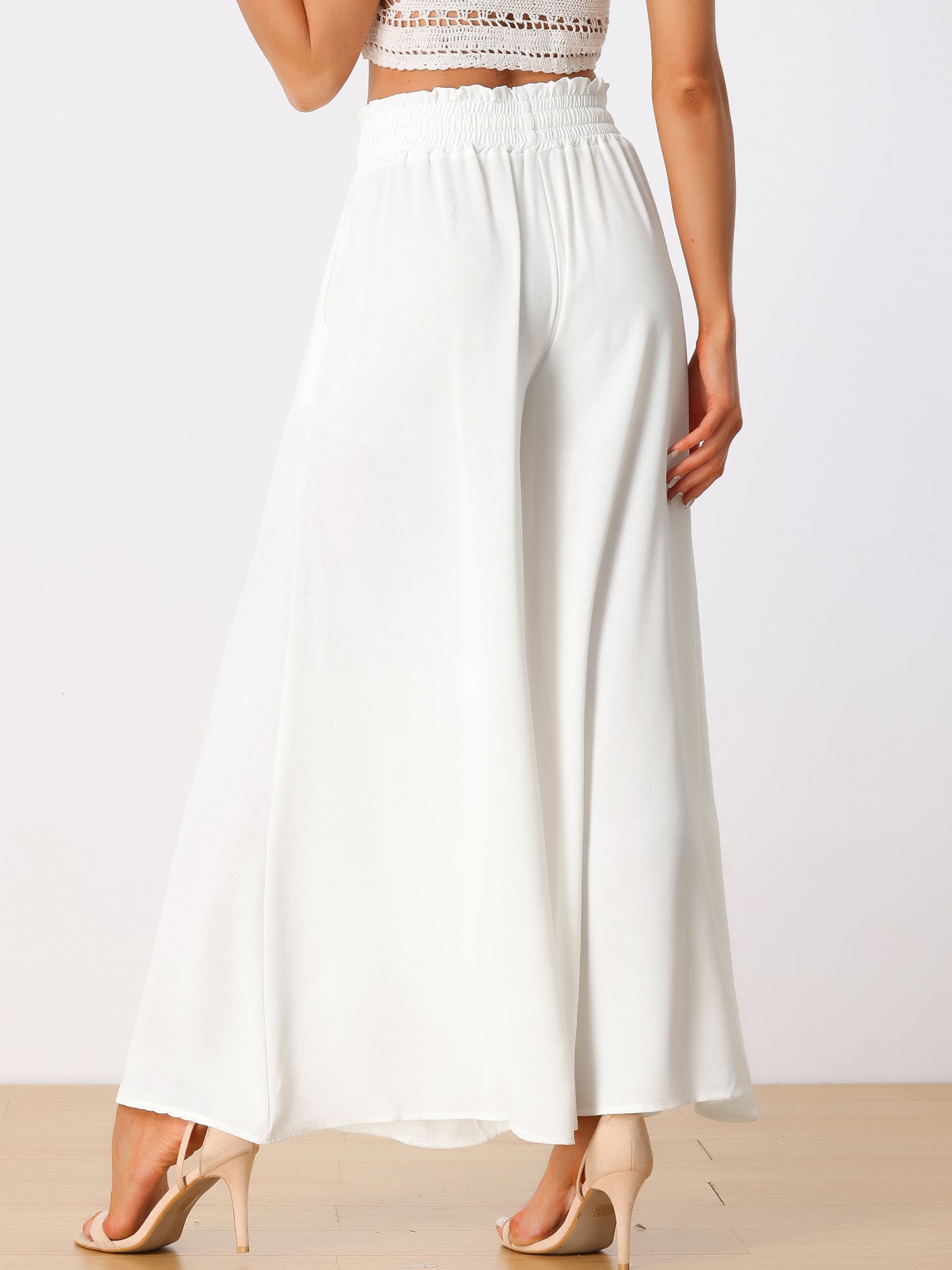 Women's Casual Elastic Banding Waist Long Pants with Pockets Loose Fit Wide Leg Linen Daily Lounge Pants