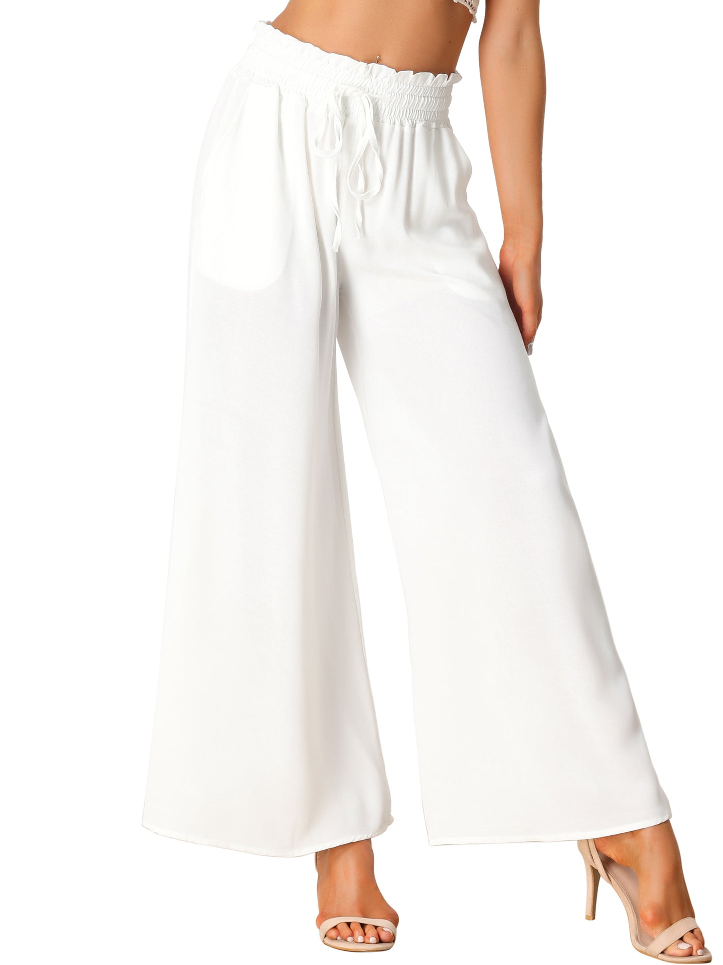 Women's Casual Elastic Banding Waist Long Pants with Pockets Loose Fit Wide Leg Linen Daily Lounge Pants