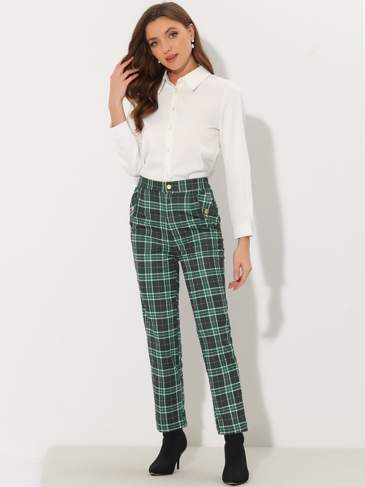 Women's Retro Tartan Plaid Pants Elastic Waist Straight Long Trousers