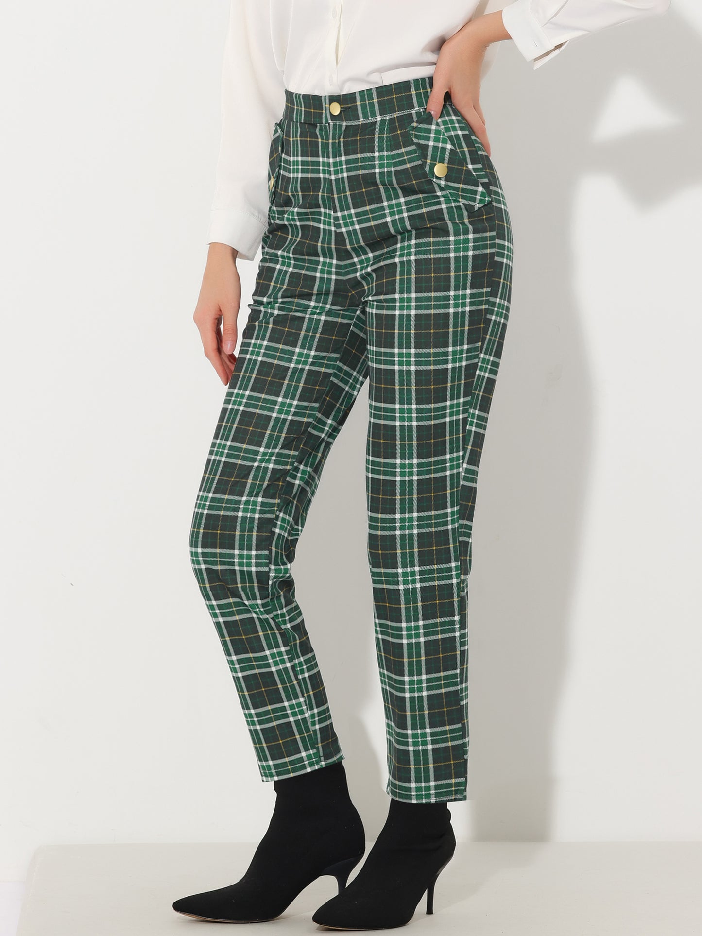 Women's Retro Tartan Plaid Pants Elastic Waist Straight Long Trousers