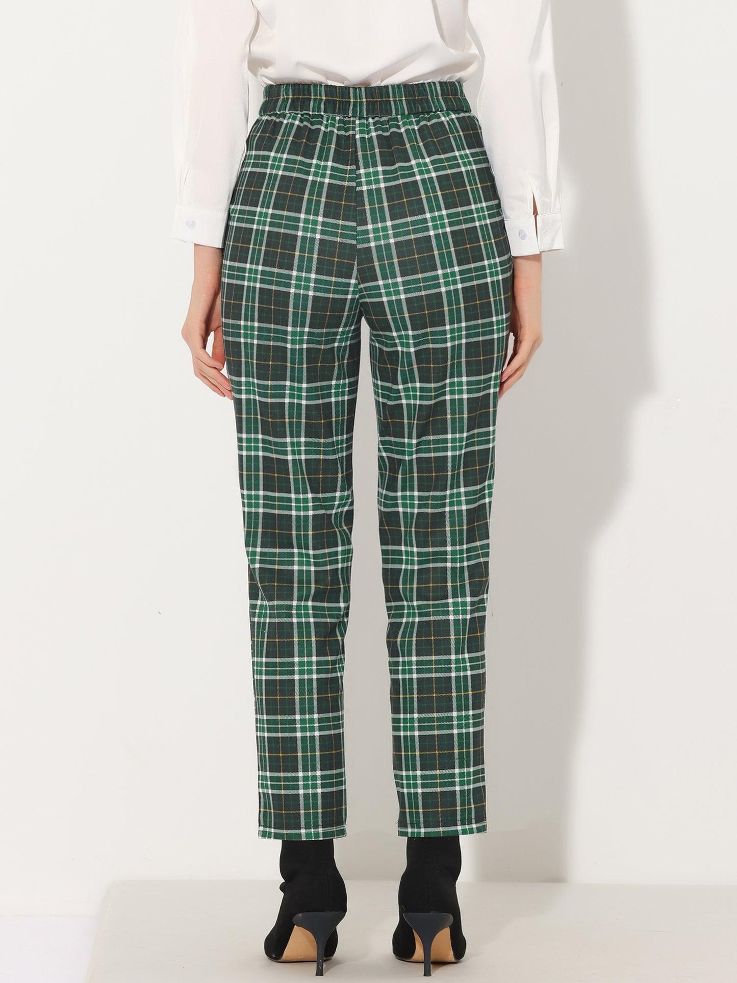 Women's Retro Tartan Plaid Pants Elastic Waist Straight Long Trousers