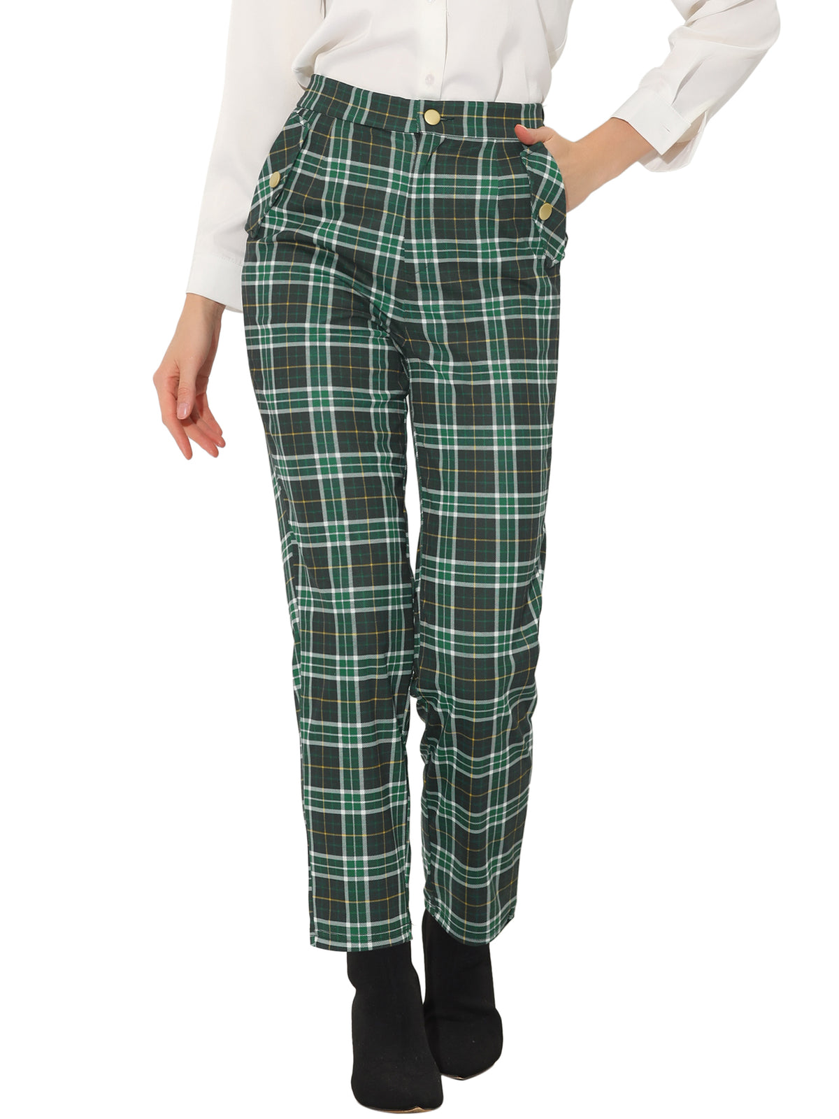 Women's Retro Tartan Plaid Pants Elastic Waist Straight Long Trousers (Available in Plus Size)