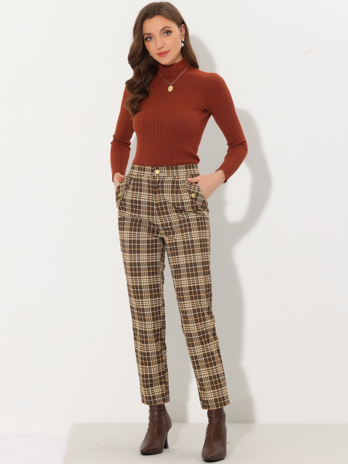 Women's Retro Tartan Plaid Pants Elastic Waist Straight Long Trousers