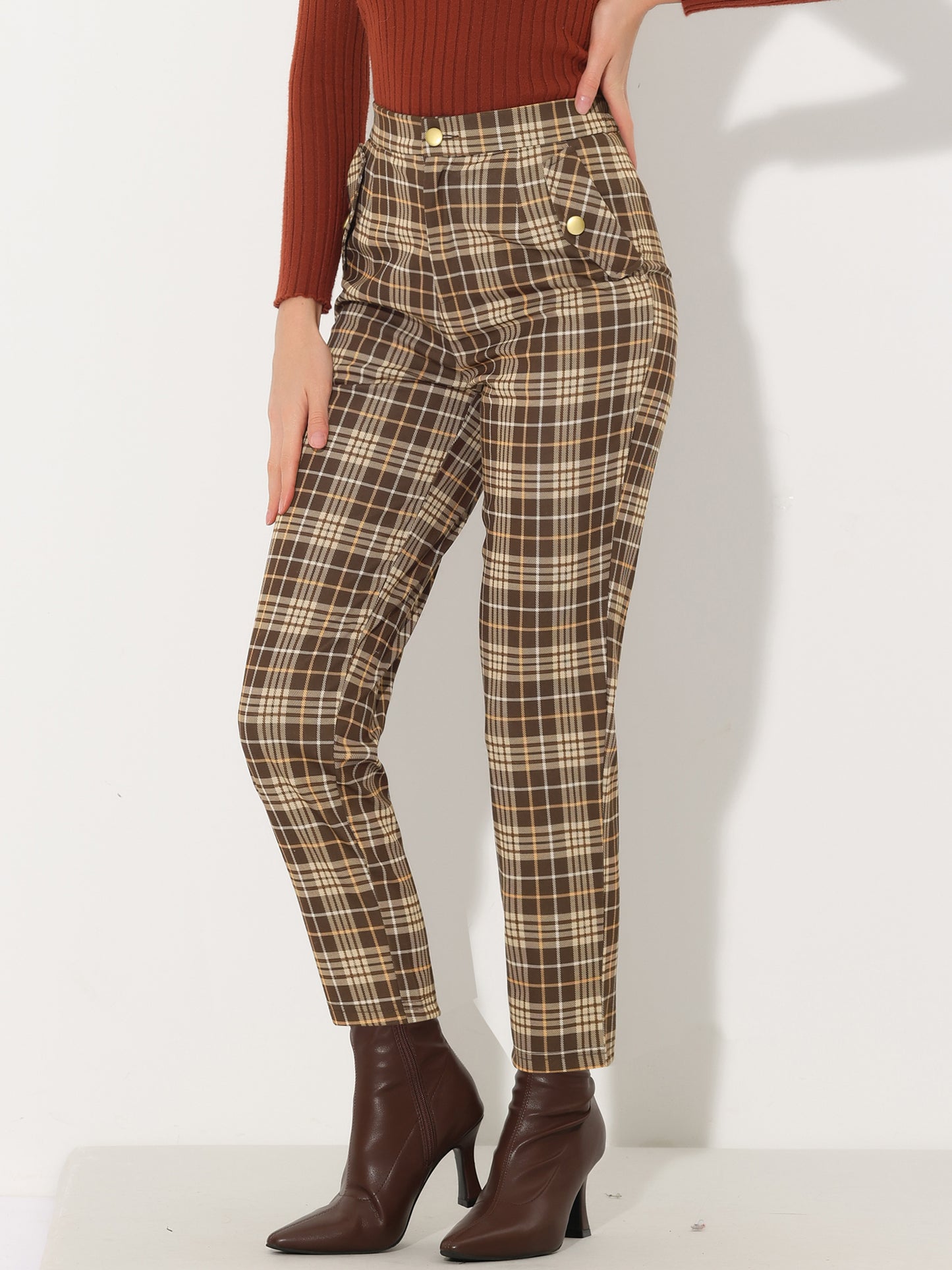Women's Retro Tartan Plaid Pants Elastic Waist Straight Long Trousers