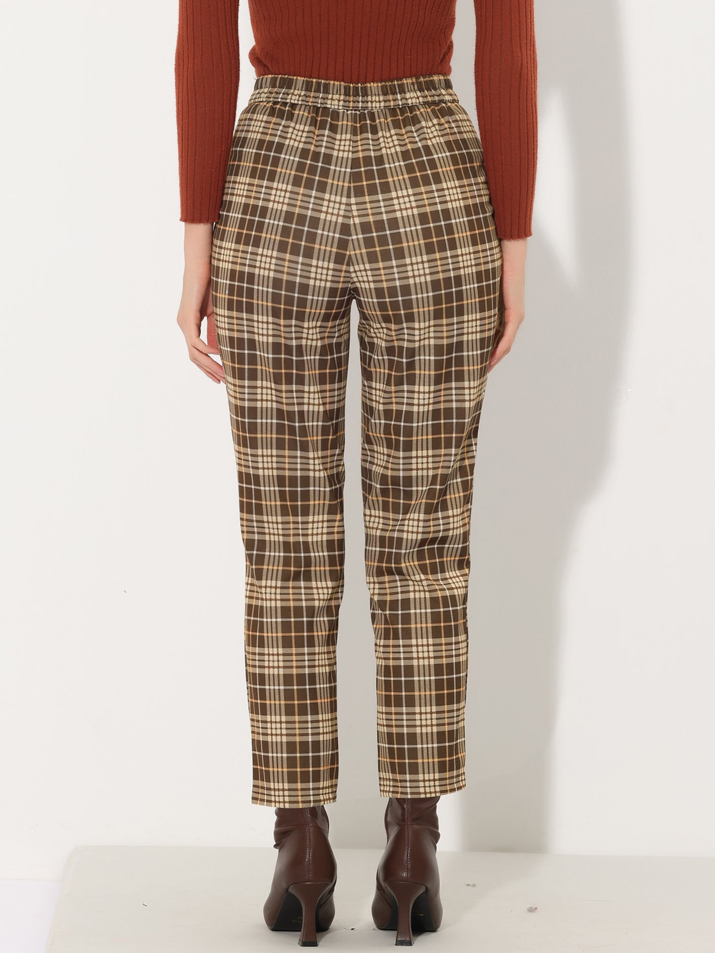 Women's Retro Tartan Plaid Pants Elastic Waist Straight Long Trousers