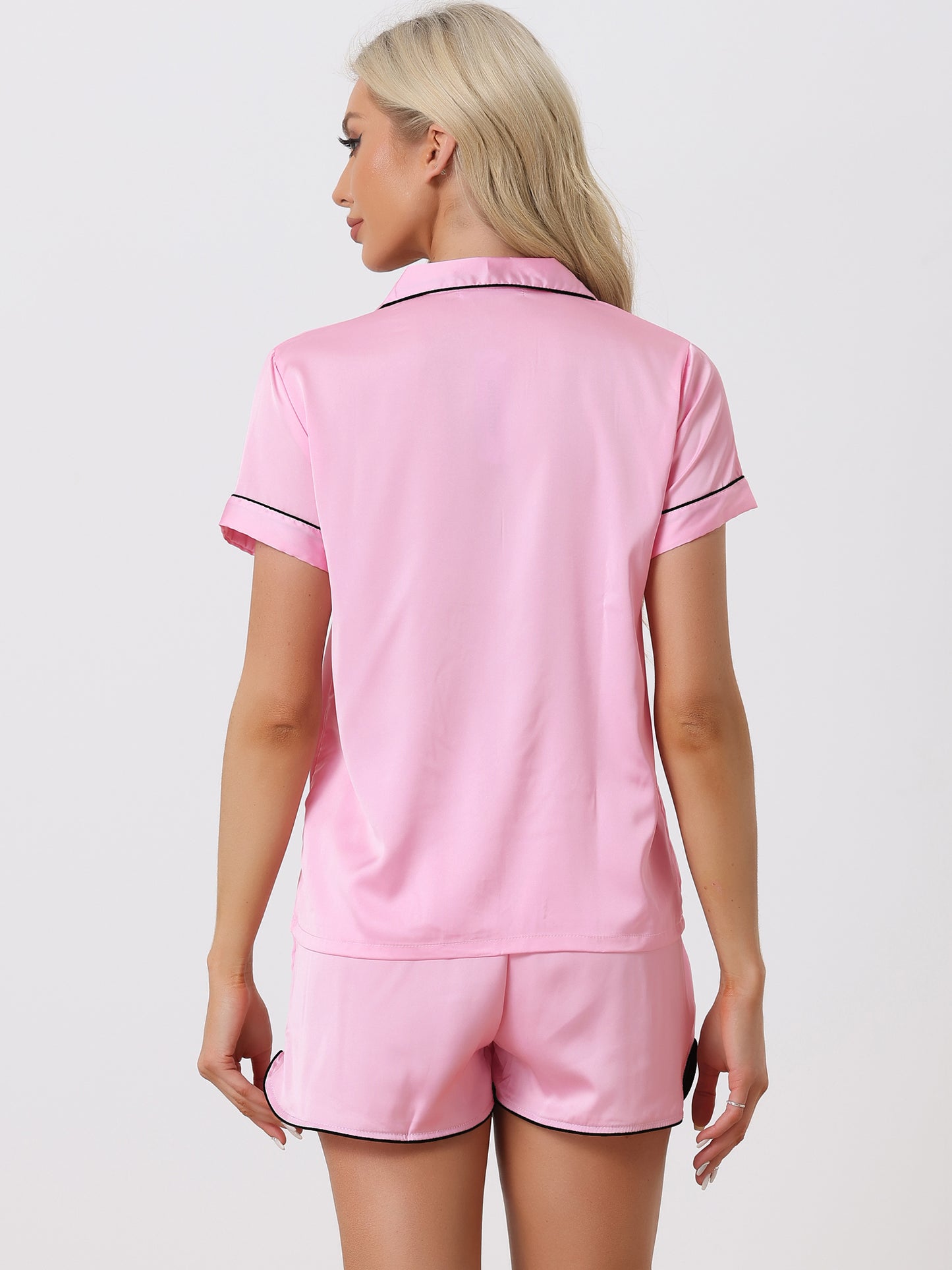 Women's Satin Pajamas Sleepshirt Button Down Top with Shorts Silky Lounge Set
