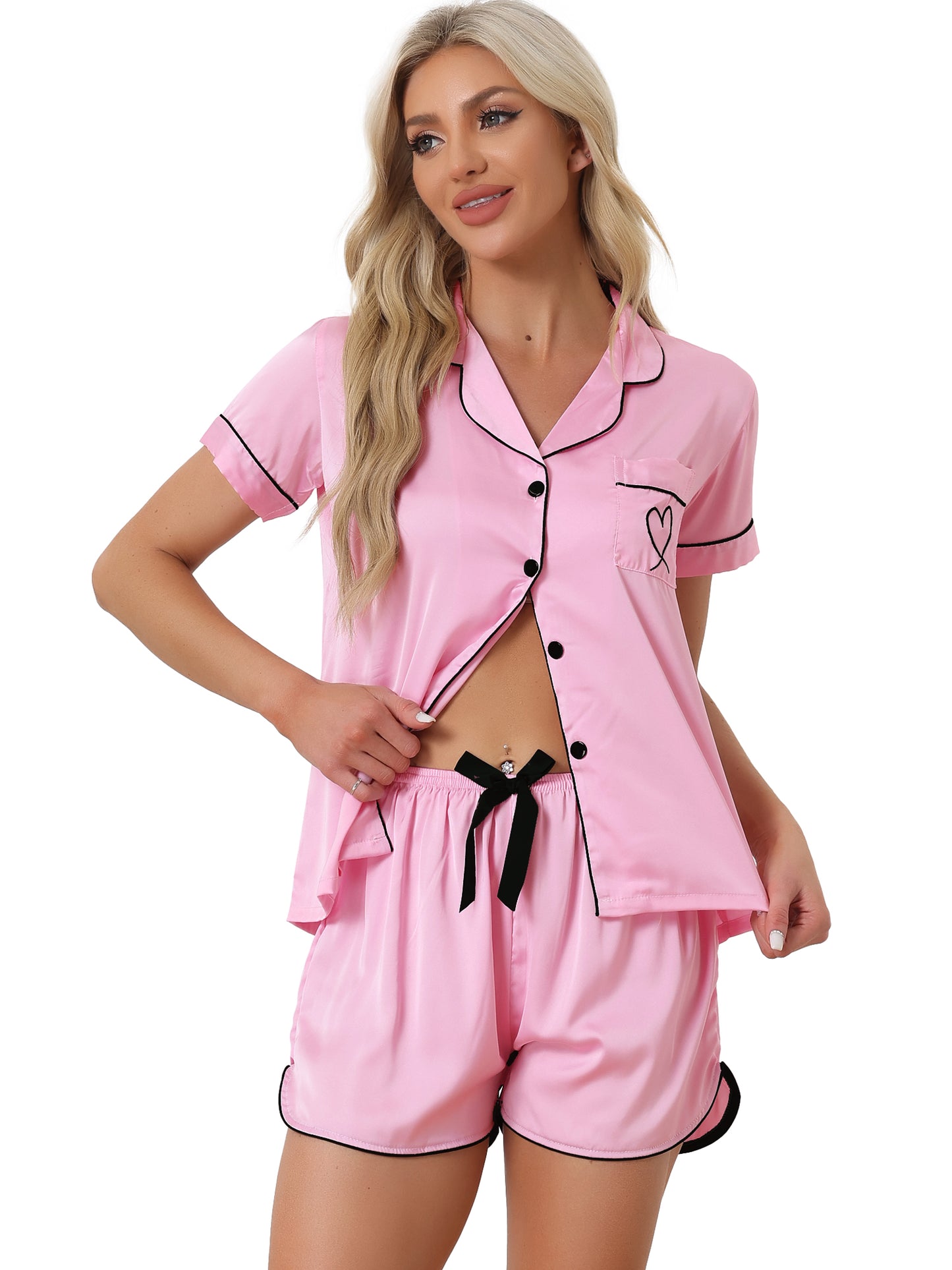 Women's Satin Pajamas Sleepshirt Button Down Top with Shorts Silky Lounge Set