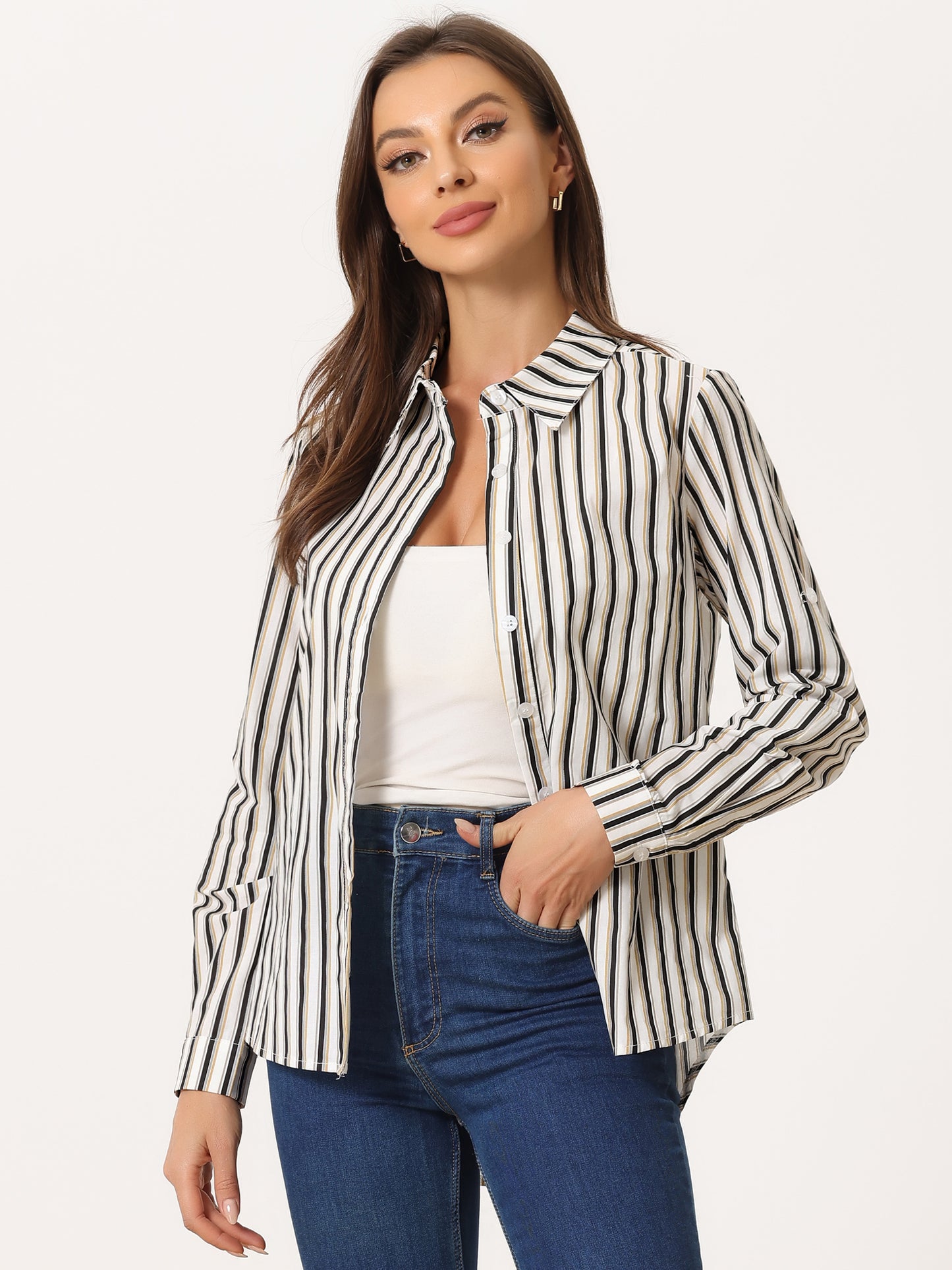 Women's Striped Button Down Roll-Up Long Sleeves Point Collar Shirt (Available in Plus Size)