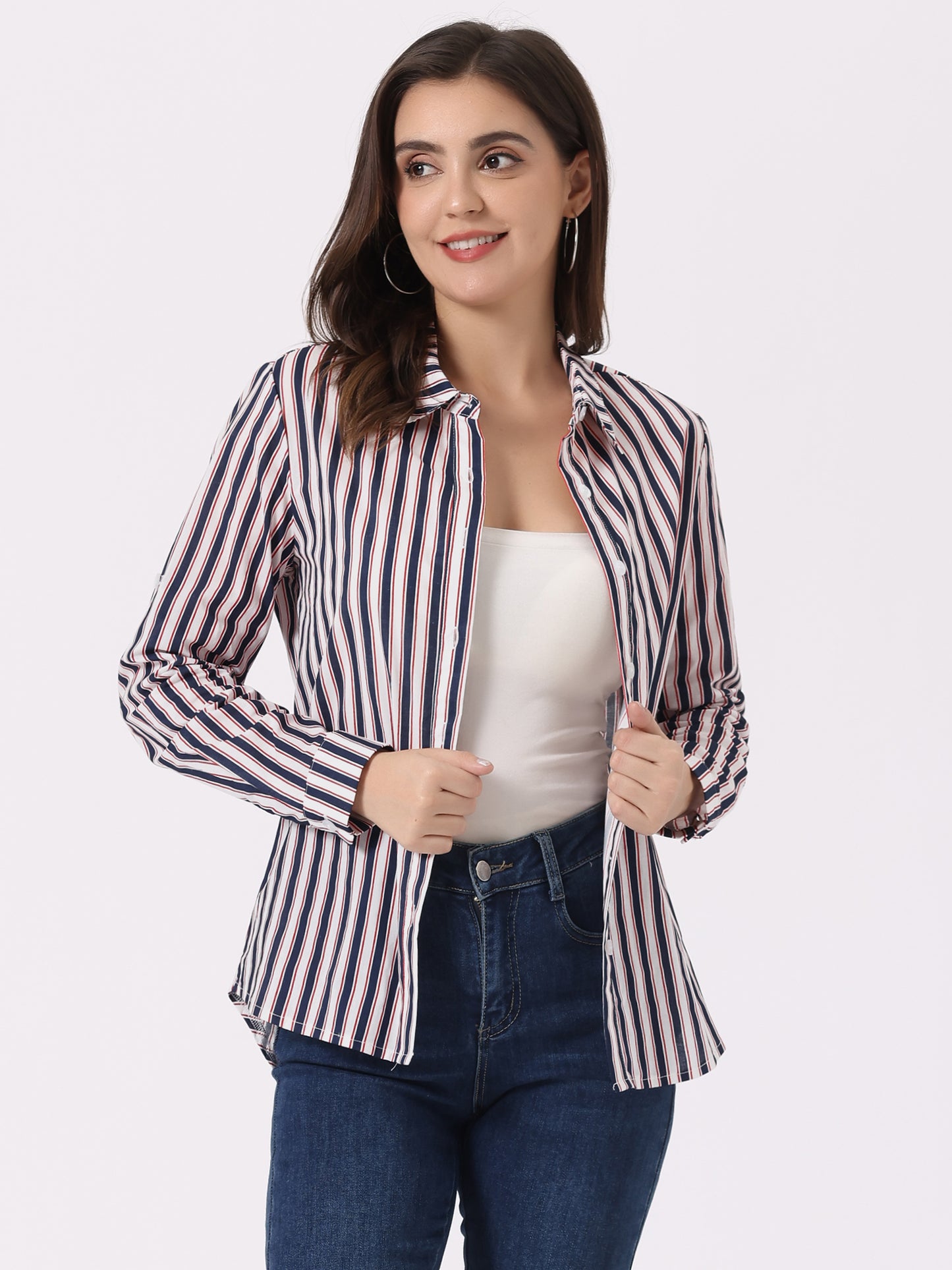Women's Striped Button Down Roll-Up Long Sleeves Point Collar Shirt (Available in Plus Size)