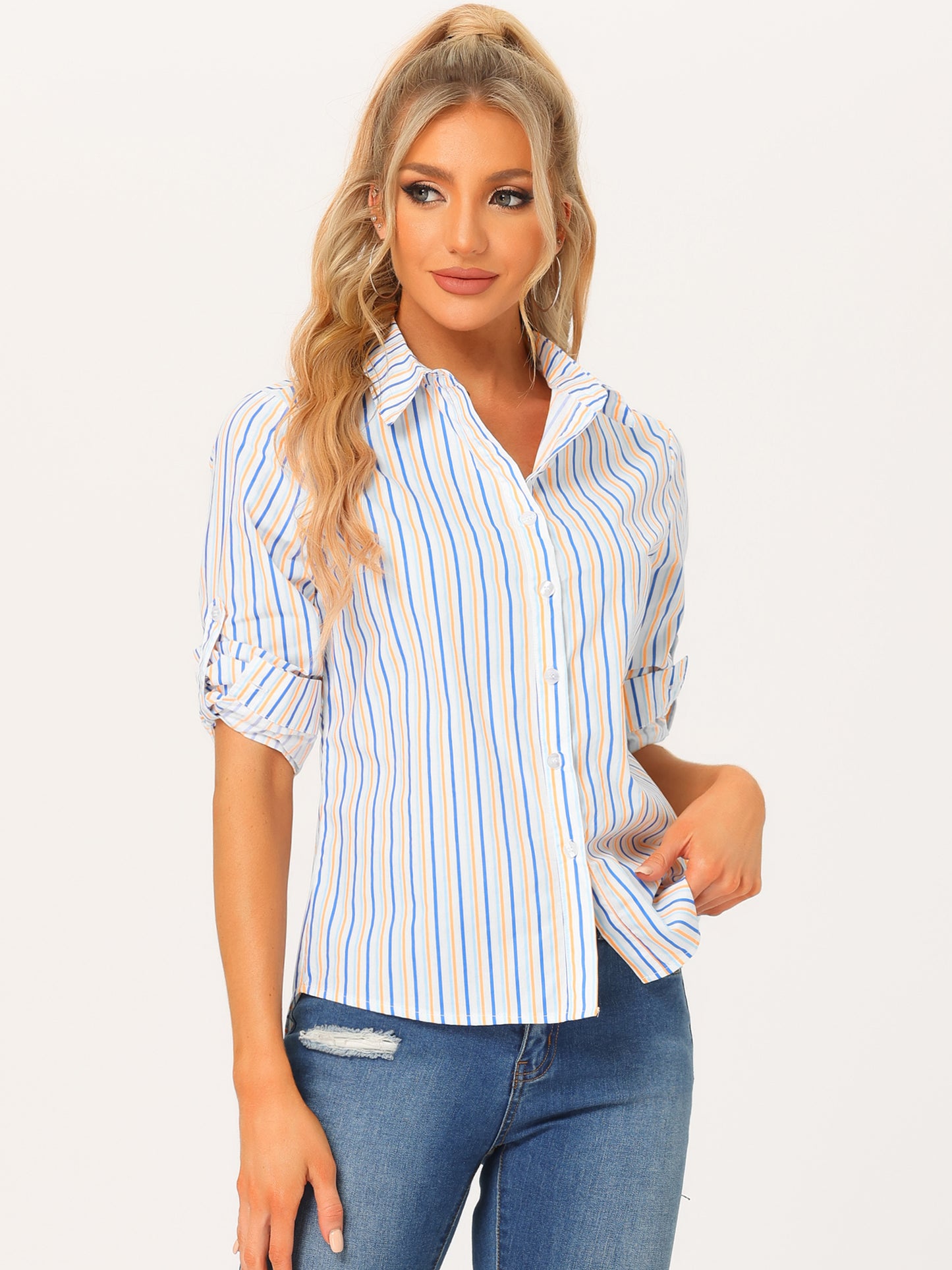 Women's Striped Button Down Roll-Up Long Sleeves Point Collar Shirt (Available in Plus Size)