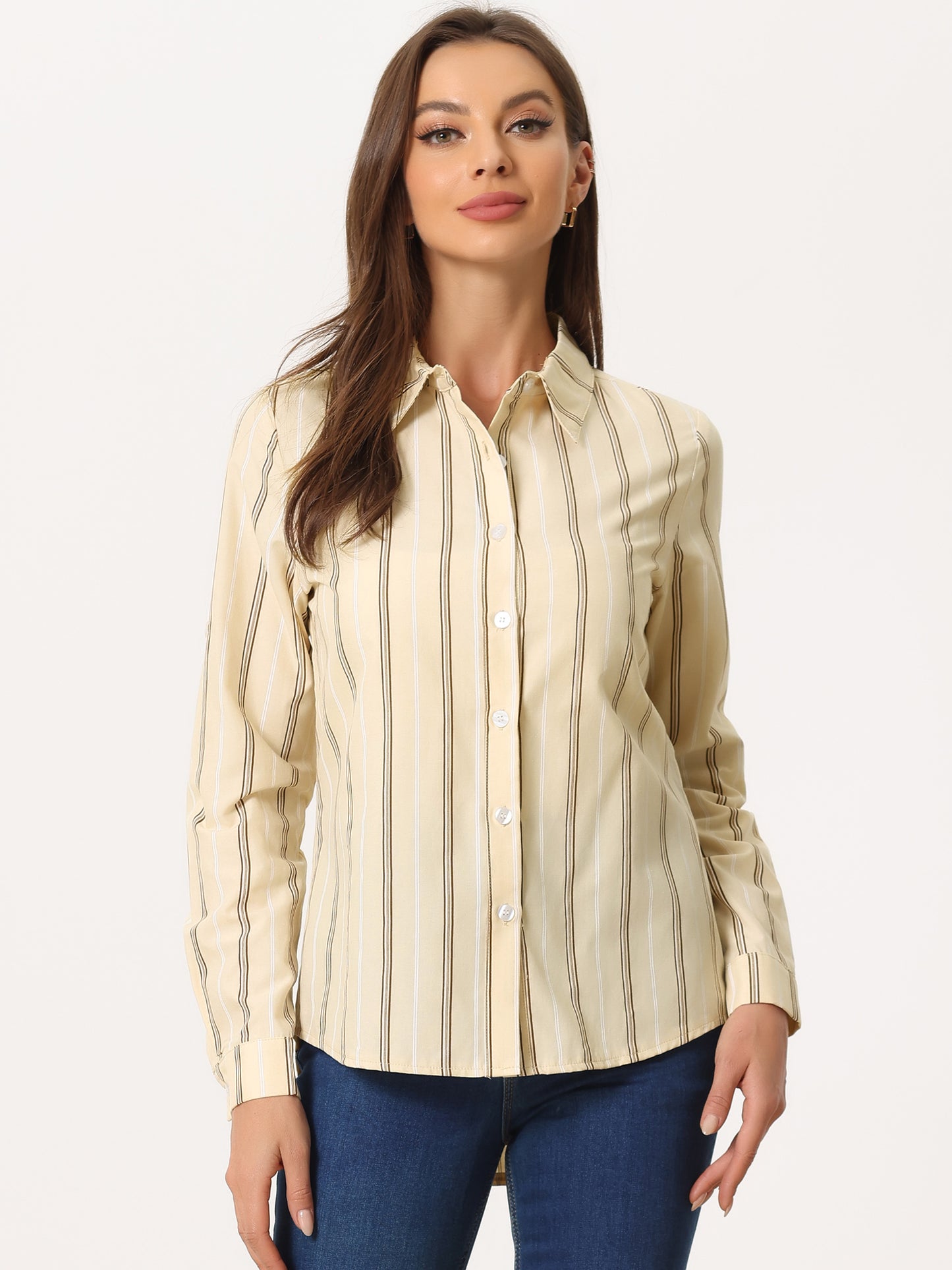 Women's Striped Button Down Roll-Up Long Sleeves Point Collar Shirt (Available in Plus Size)