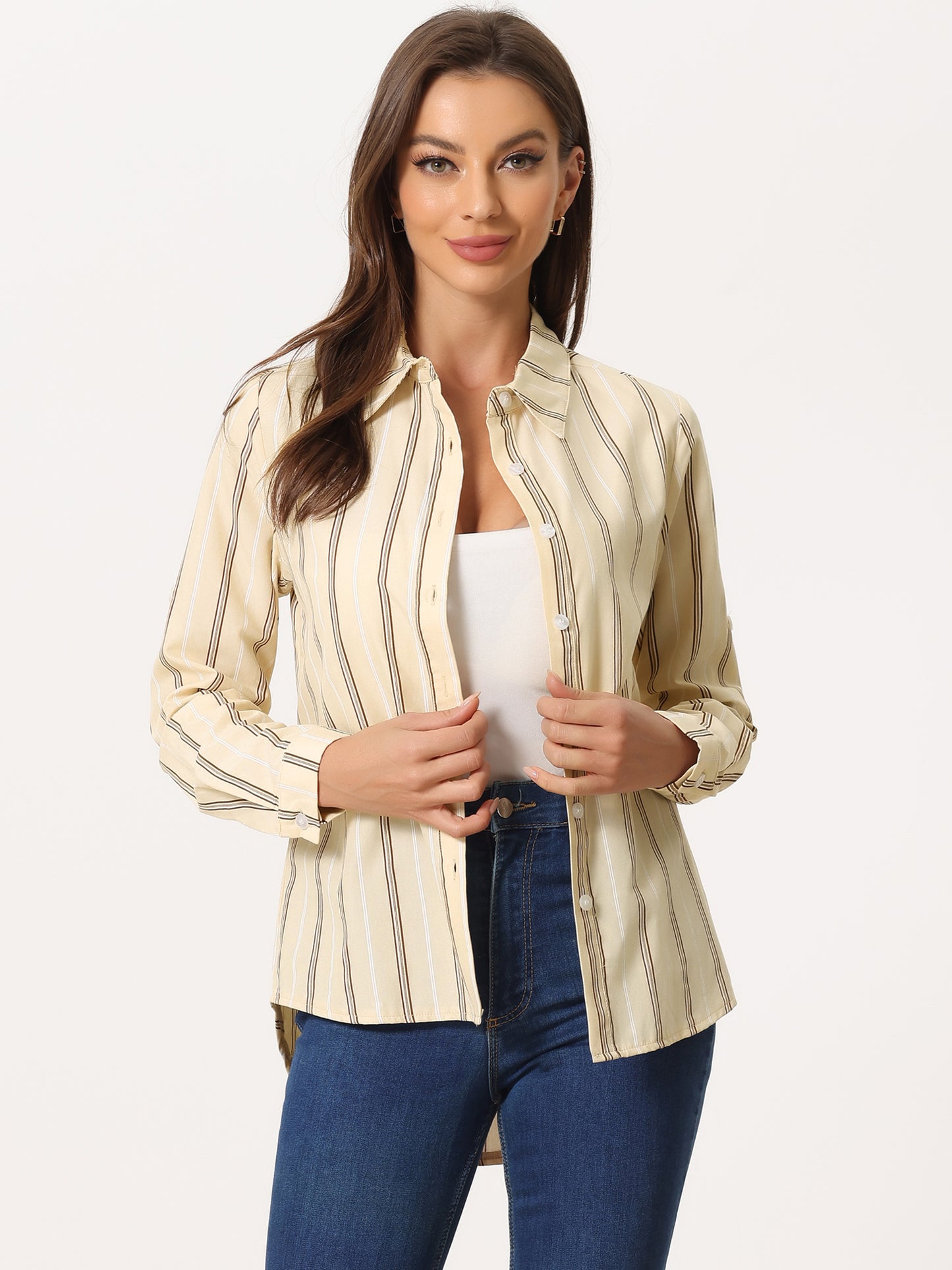 Women's Striped Button Down Roll-Up Long Sleeves Point Collar Shirt (Available in Plus Size)