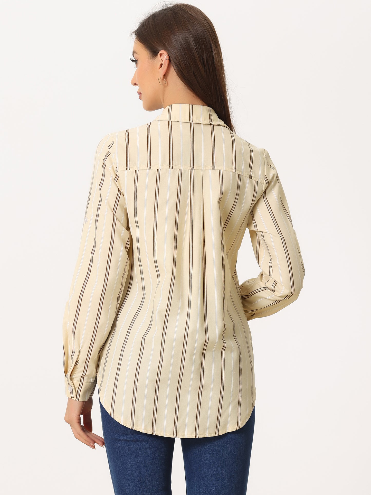 Women's Striped Button Down Roll-Up Long Sleeves Point Collar Shirt (Available in Plus Size)