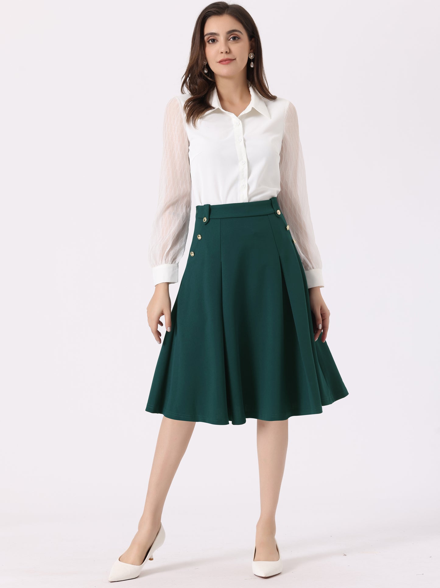 Women's High Waist Work Office Pleated Flared Elegant Midi Skirt