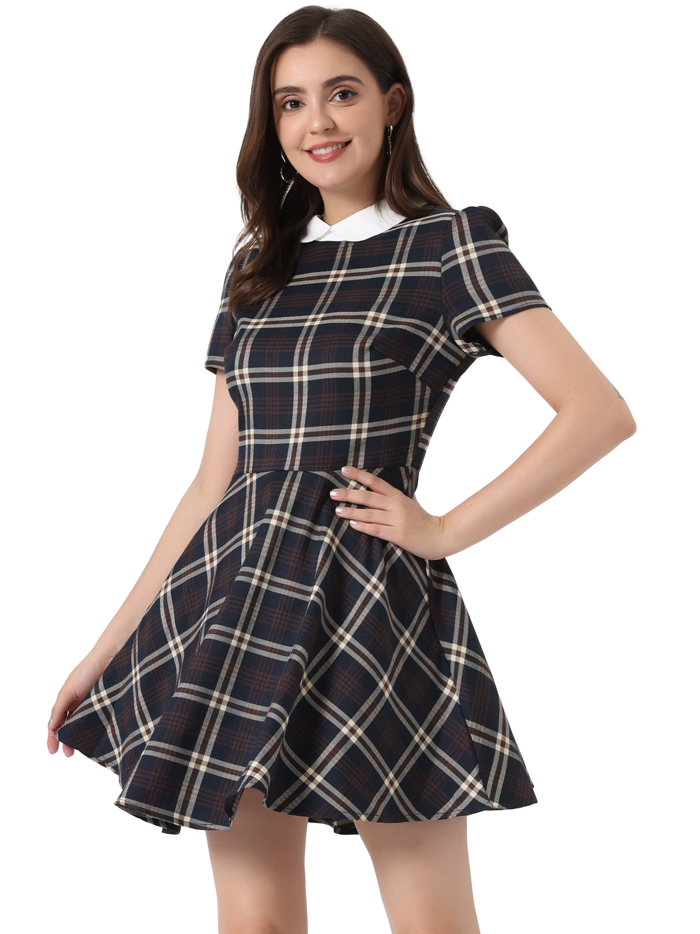 Women Plaids Contrast Peter Pan Collar Puff Sleeves Above Knee Dress