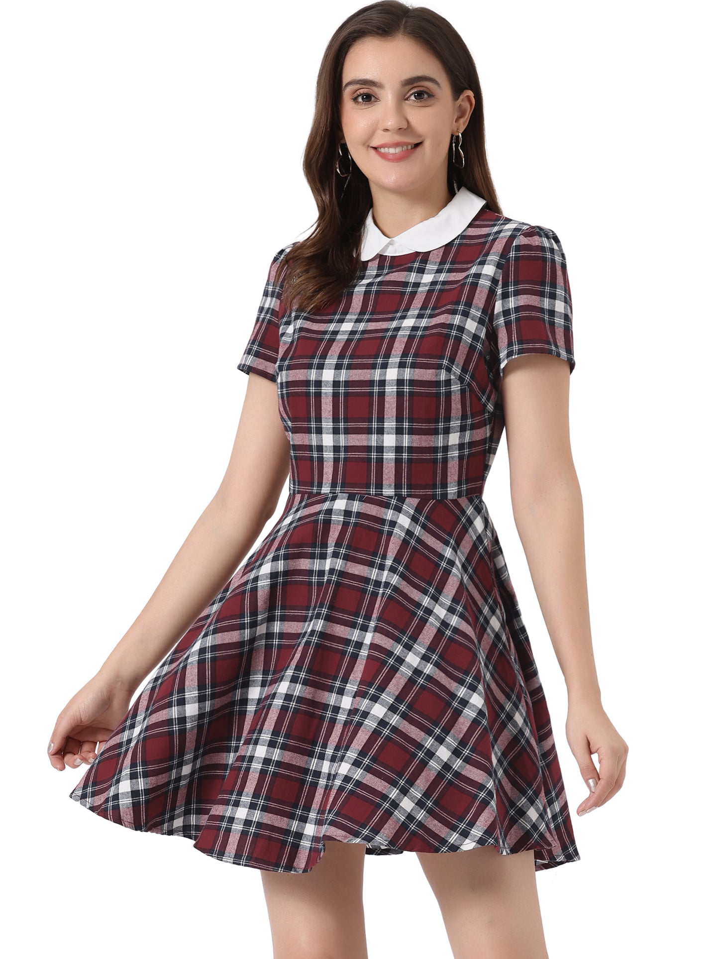 Women Plaids Contrast Peter Pan Collar Puff Sleeves Above Knee Dress