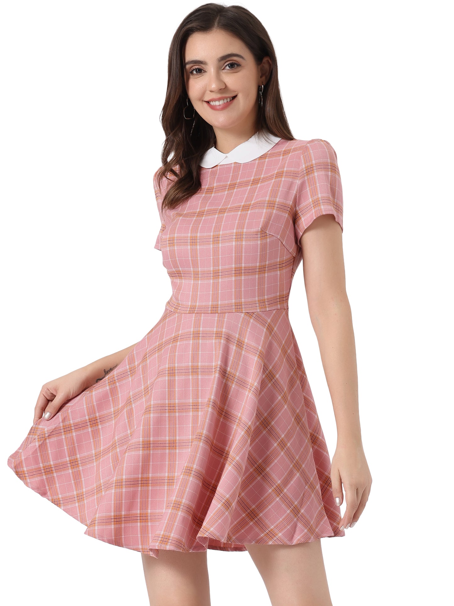 Women Plaids Contrast Peter Pan Collar Puff Sleeves Above Knee Dress
