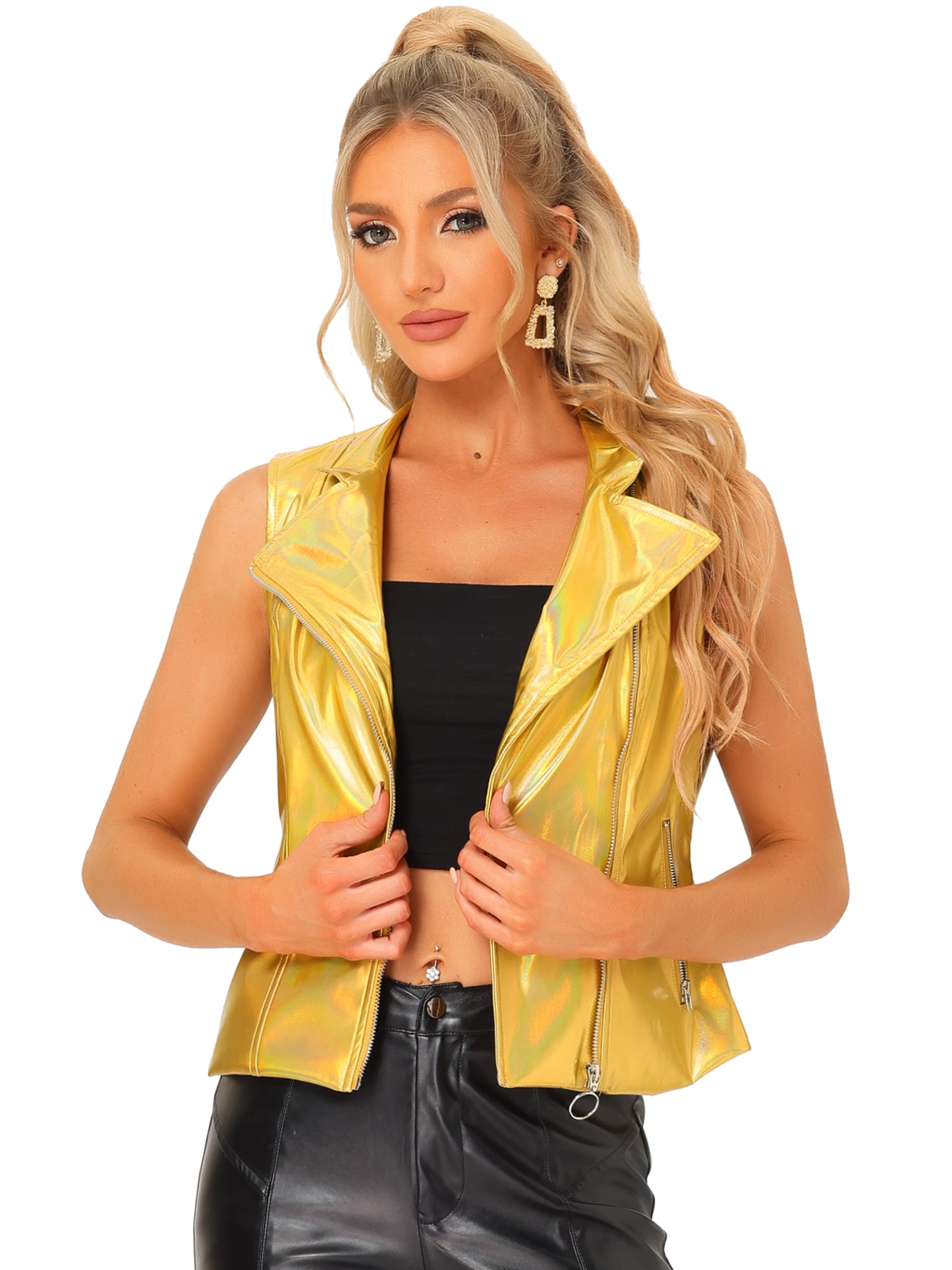 Women's Metallic Holographic Shiny Stand Collar Sleeveless Faux Leather Retro Disco Vest