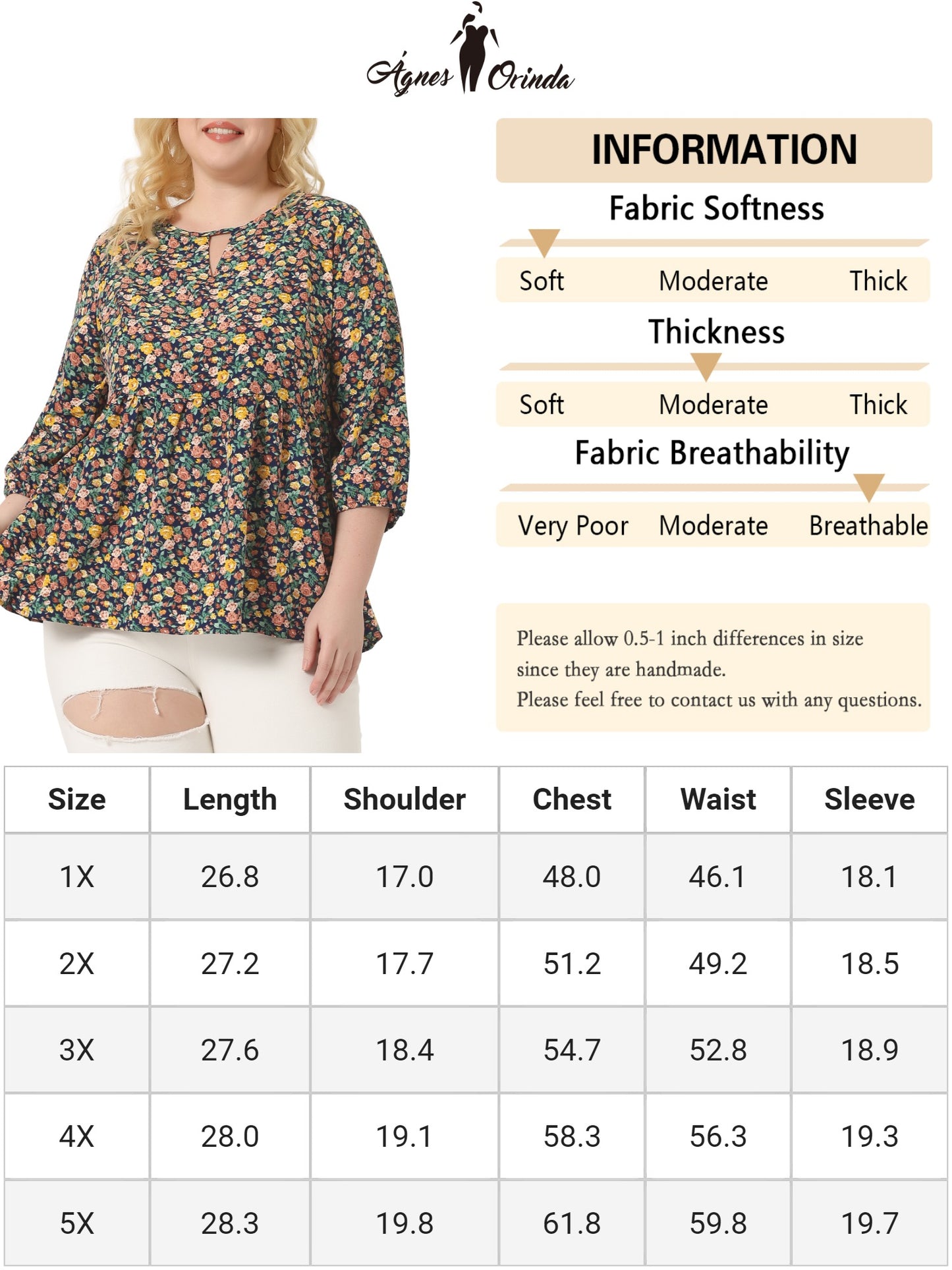 Women's Plus Size 3/4 Sleeves Babydoll Chiffon Keyhole Floral Flowy Blouse
