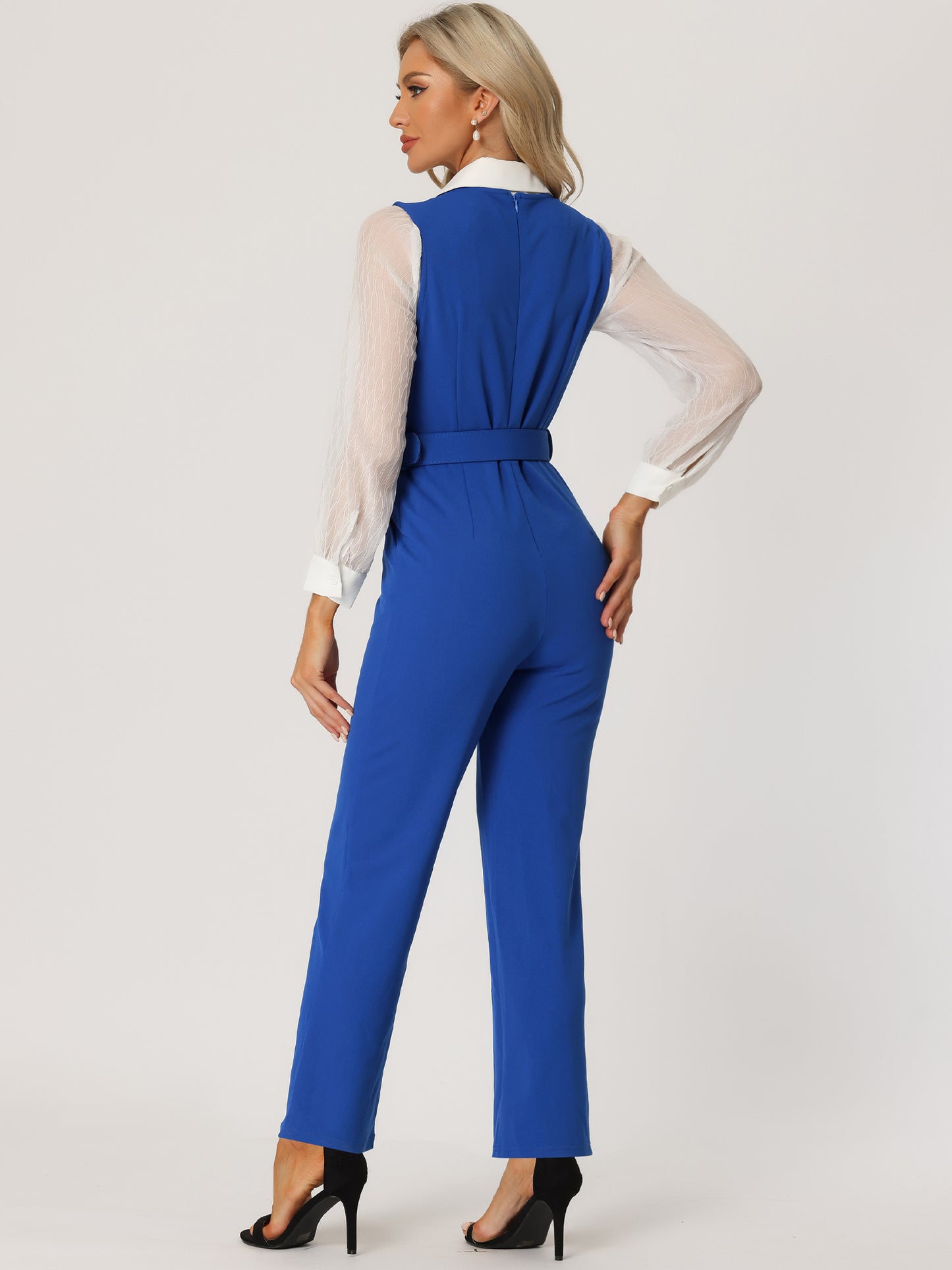Women's Work Office Overalls High Waisted Belted Sleeveless Long Suspenders Jumpsuit