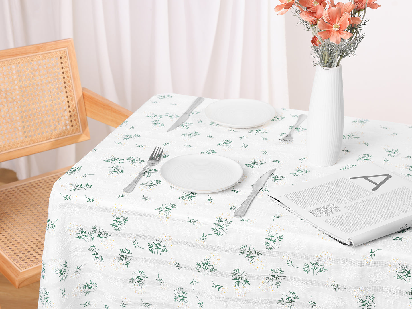 1 Pack Rectangle Tablecloth, Cotton Linen Fabric Lilac Flower Pattern Table Cover