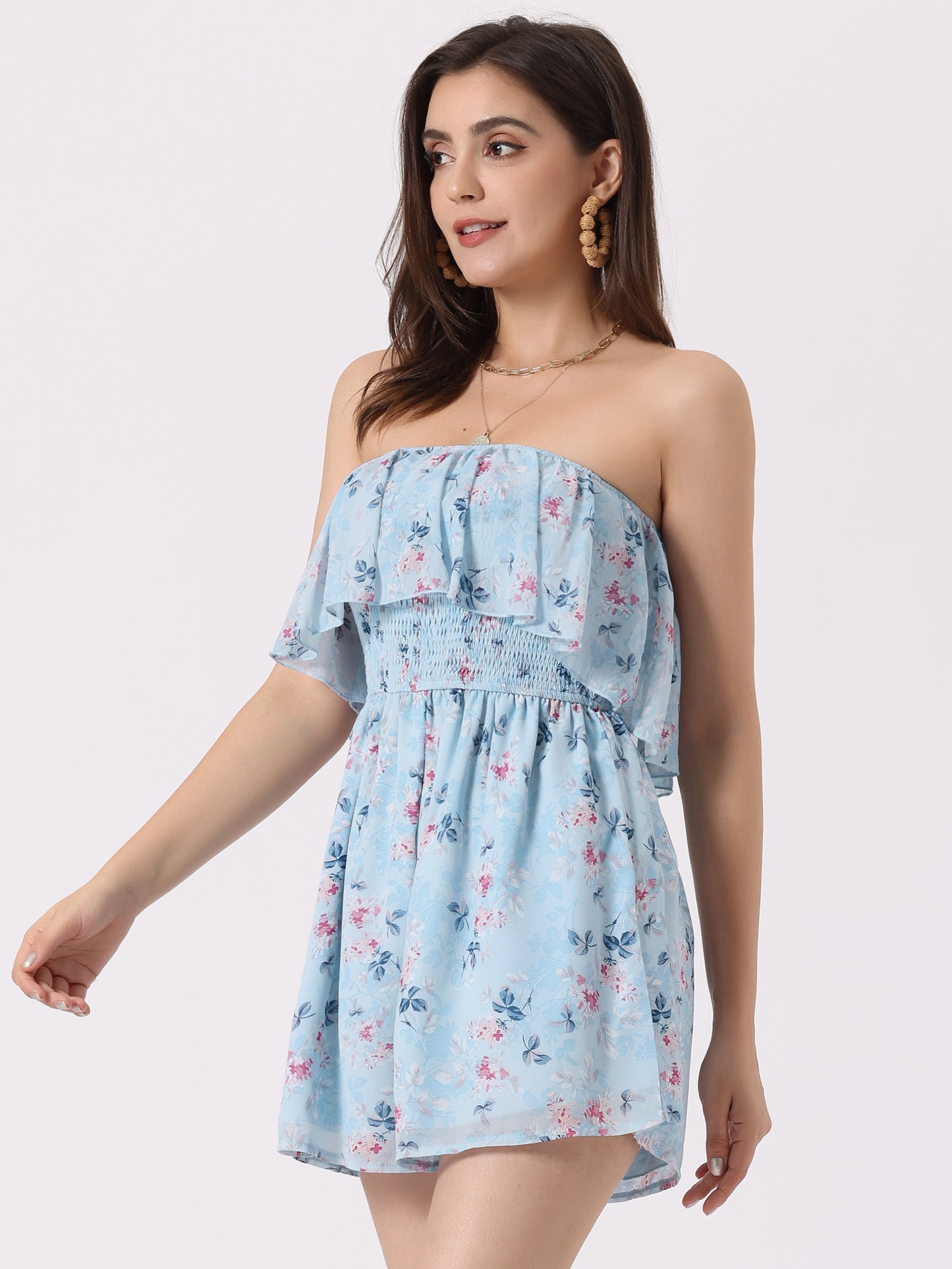Women's Ruffle Smocked Waist Short Jumpsuit Floral Strapless Romper