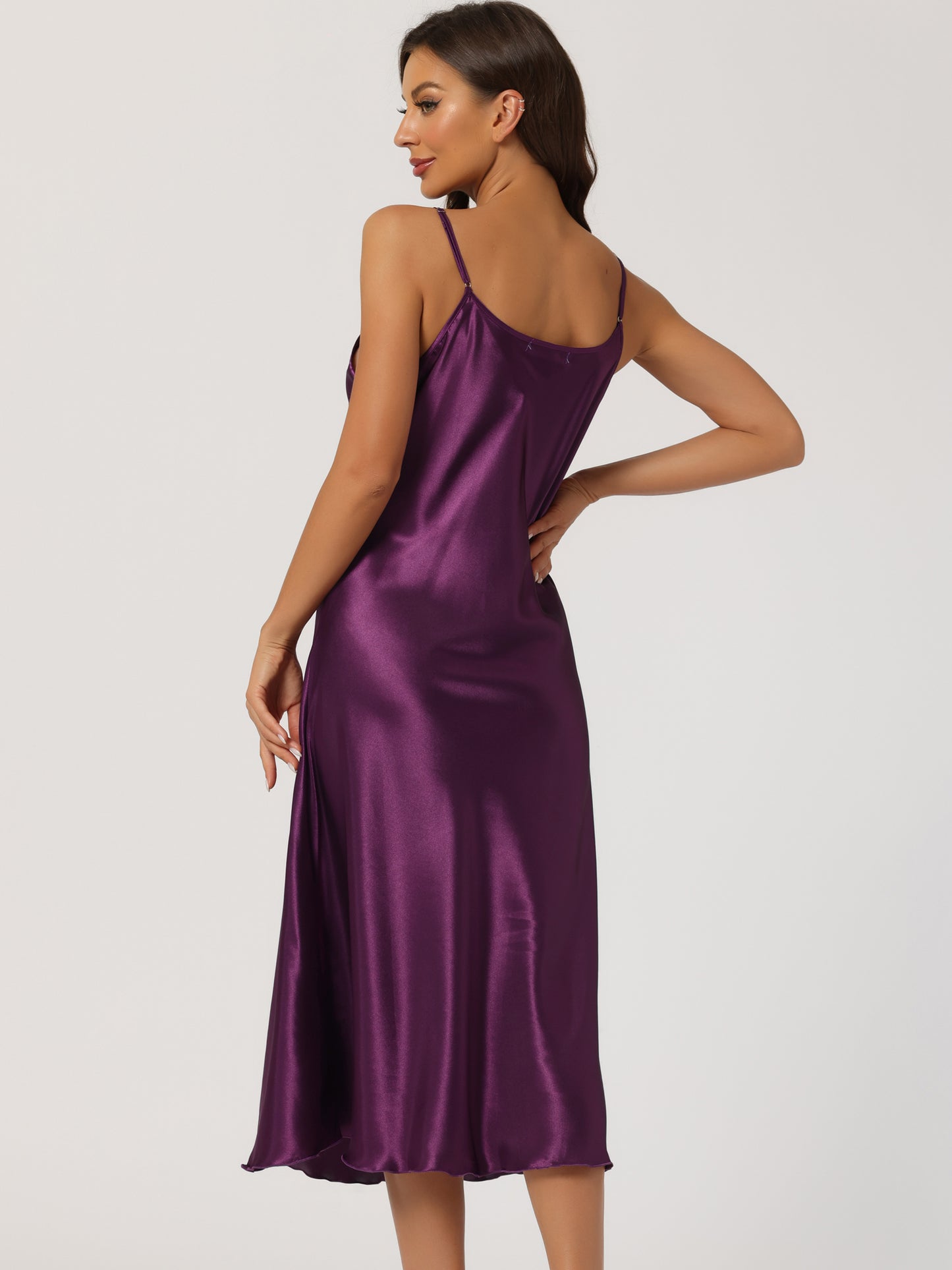 Women's Satin Pajama Dress Camisole Midi Nightdress V-Neck Sleeveless Lounge Silky Long Nightgown