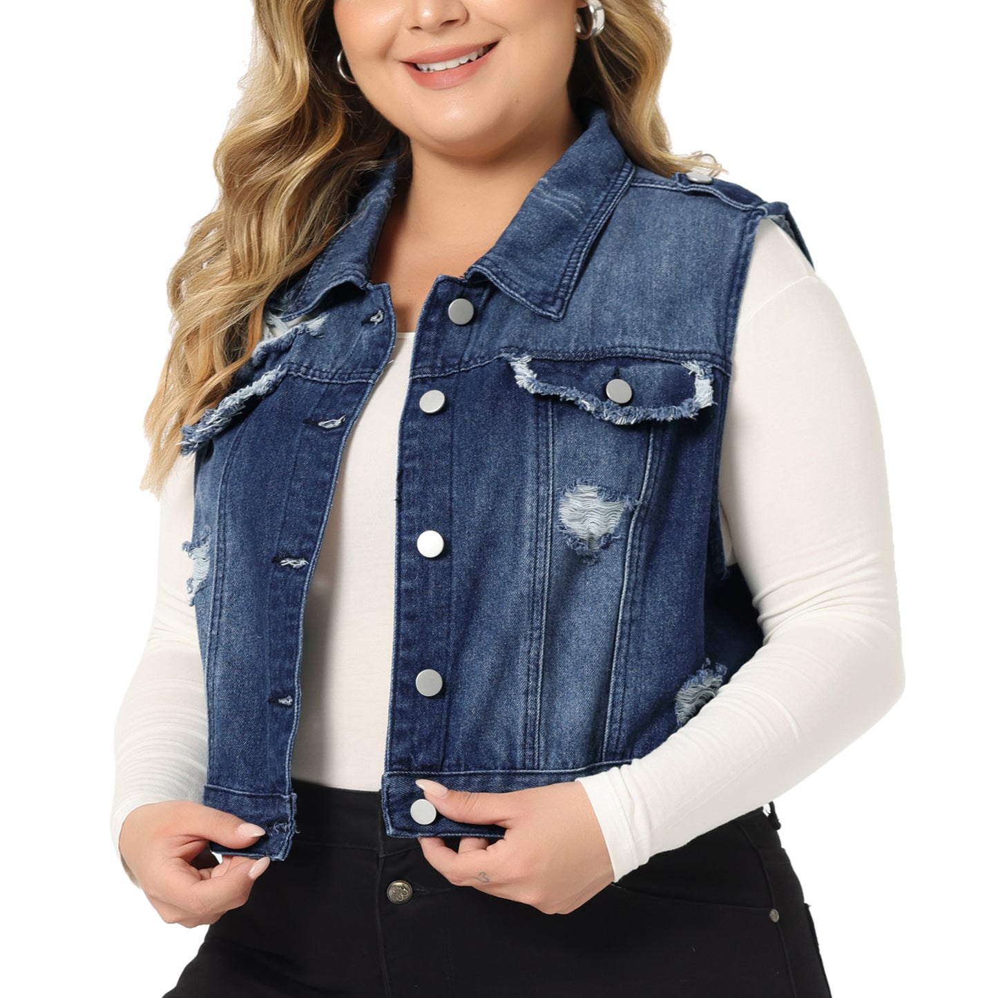 Women Plus Size Denim Vest Sleeveless Button Jean Crop Denim Jacket Vest